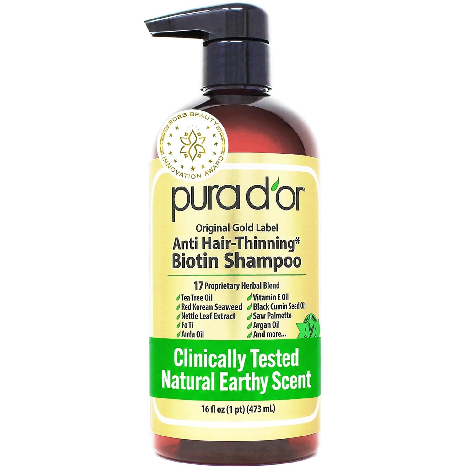 PURA D’OR Original Gold Label Anti-Thinning Shampoo – CLINICALLY TESTED – Biotin & Argan Oil – Sulfate-Free Strengthening & Volumizing for Fuller-Looking Hair, Men & Women, Natural Earthy Scent 16 oz
