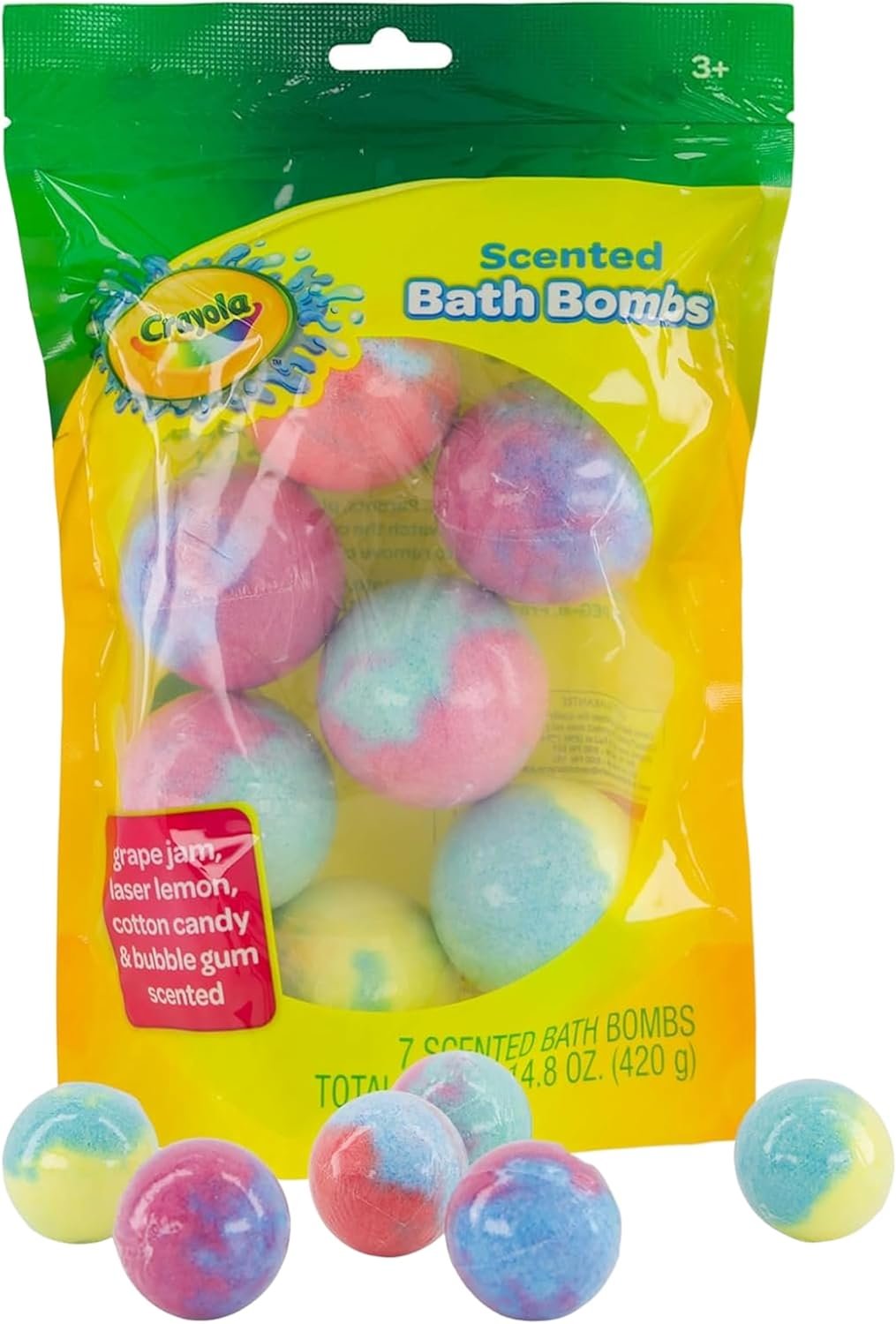 Crayola Scented Bath Bombs for Kids (7 Count), Non-Toxic, Stain Free, Multi-Colored Fizzy Bath Bombs with Grape, Lemon, Cotton Candy & Bubblegum Scents