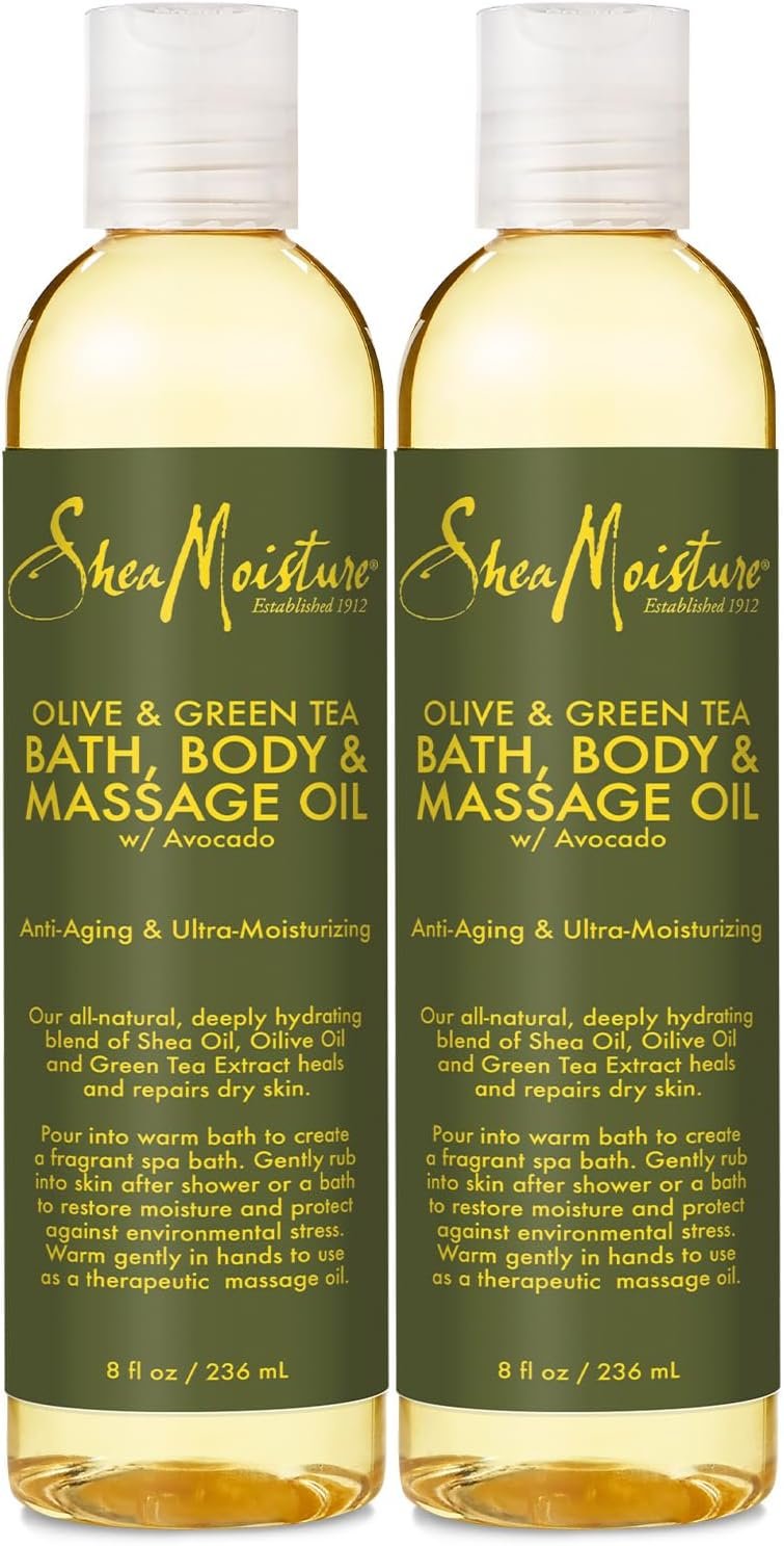 SheaMoisture Olive & Green Tea Bath, Body & Massage Oil 2-Pack – Avocado Oil, Anti-Aging & Ultra-Moisturizing for Dry Skin, 8 Oz Ea