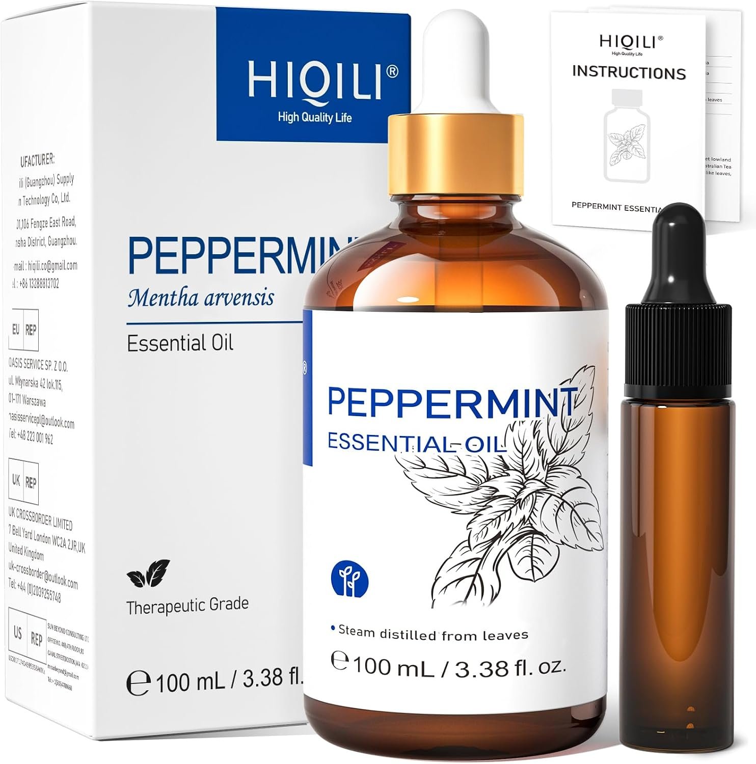 HIQILI Peppermint Essential Oil Add to Spray, Diffuser, Can Enjoy Air Freshening, Use in Kitchen, Bedroom, Office, Extra Free Travel Bottle – 3.38 Fl Oz/100 ML