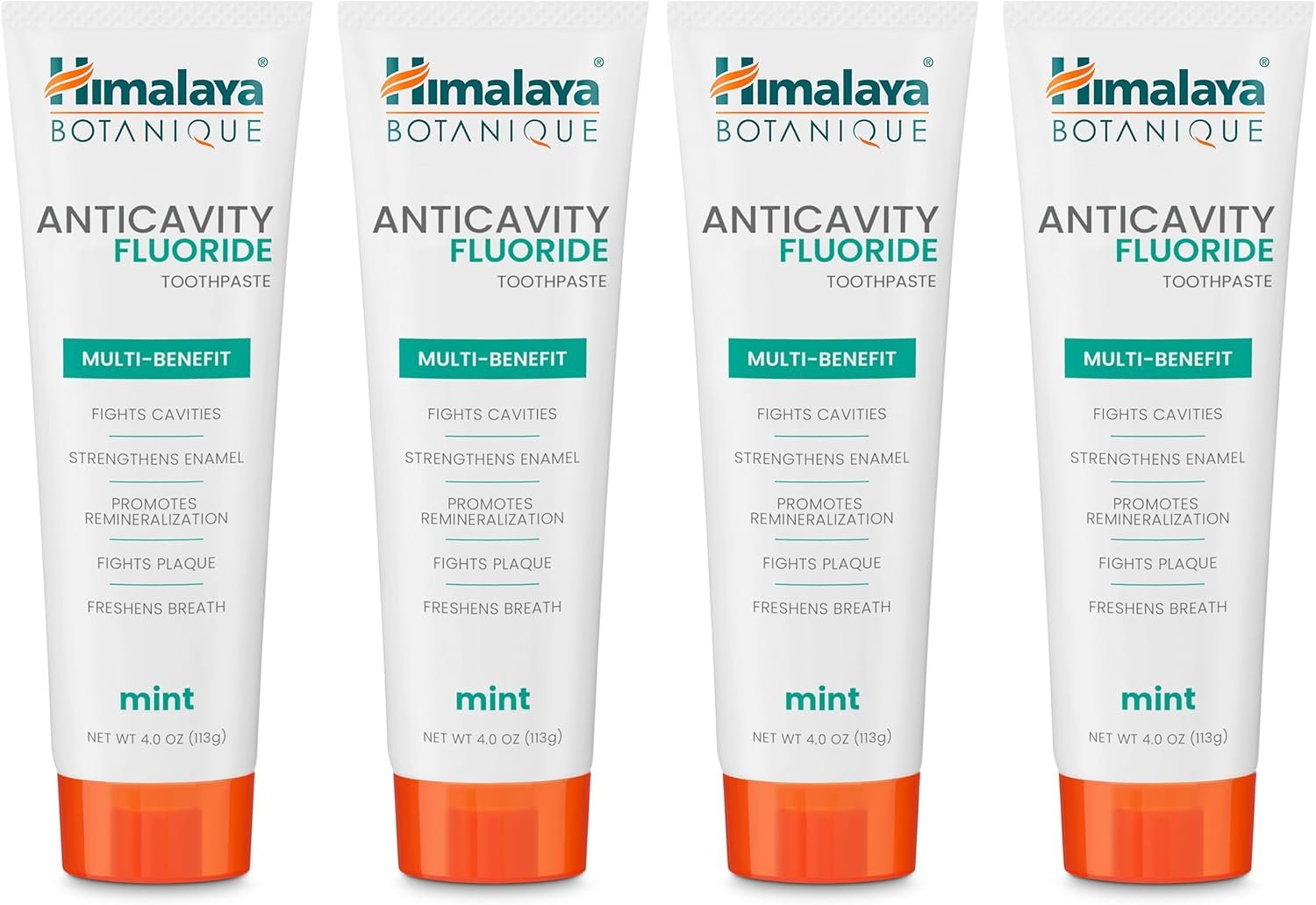 Himalaya Botanique Anticavity Fluoride Toothpaste, Fluoride with Multi-Benefit Support, Fights Cavities, Strengthens Enamel, Promotes Remineralization, Mint Flavor, 4 oz, 4 Pack