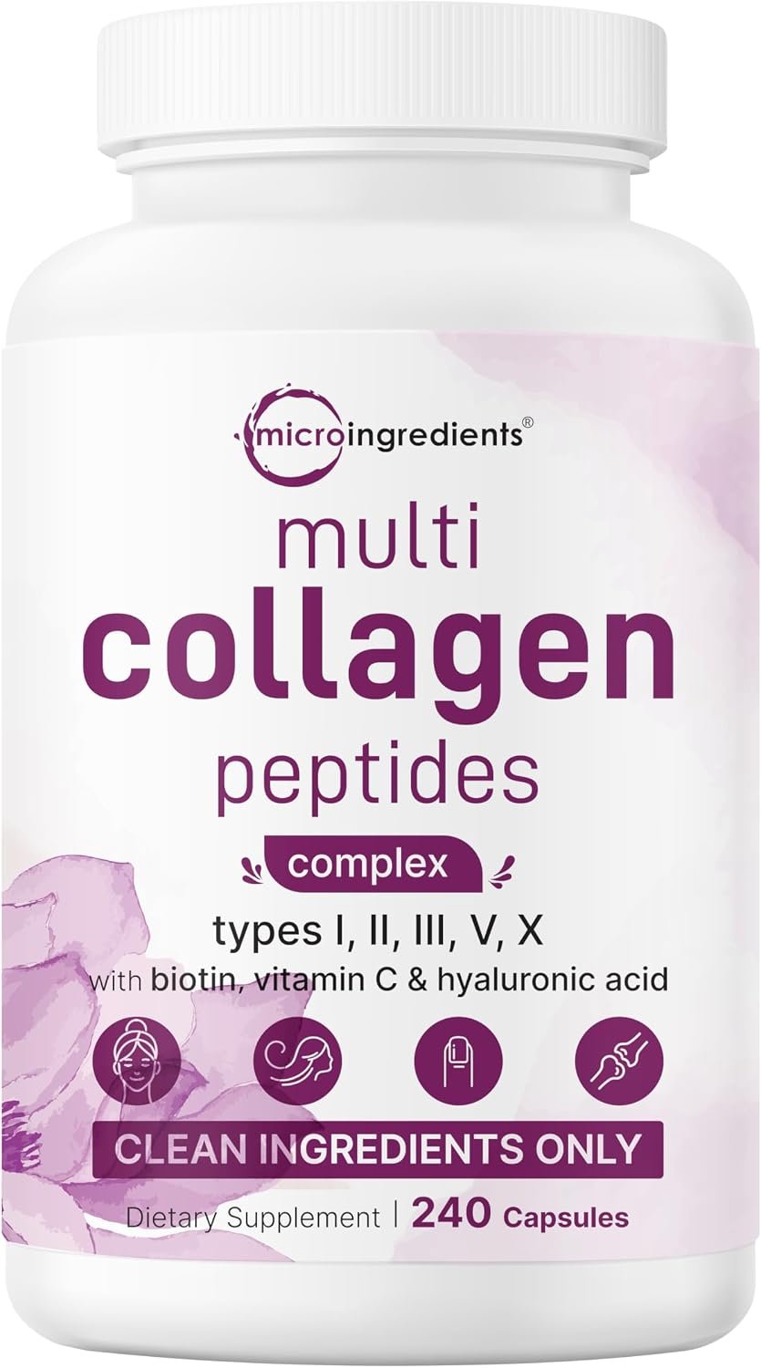 Micro Ingredients Multi Collagen Pills, 240 Capsules | Type I, II, III, V, X | Hydrolyzed Peptides with Biotin, Hyaluronic Acid, & Fat Soluble Vitamin C Complex | Non-GMO, Filler Free
