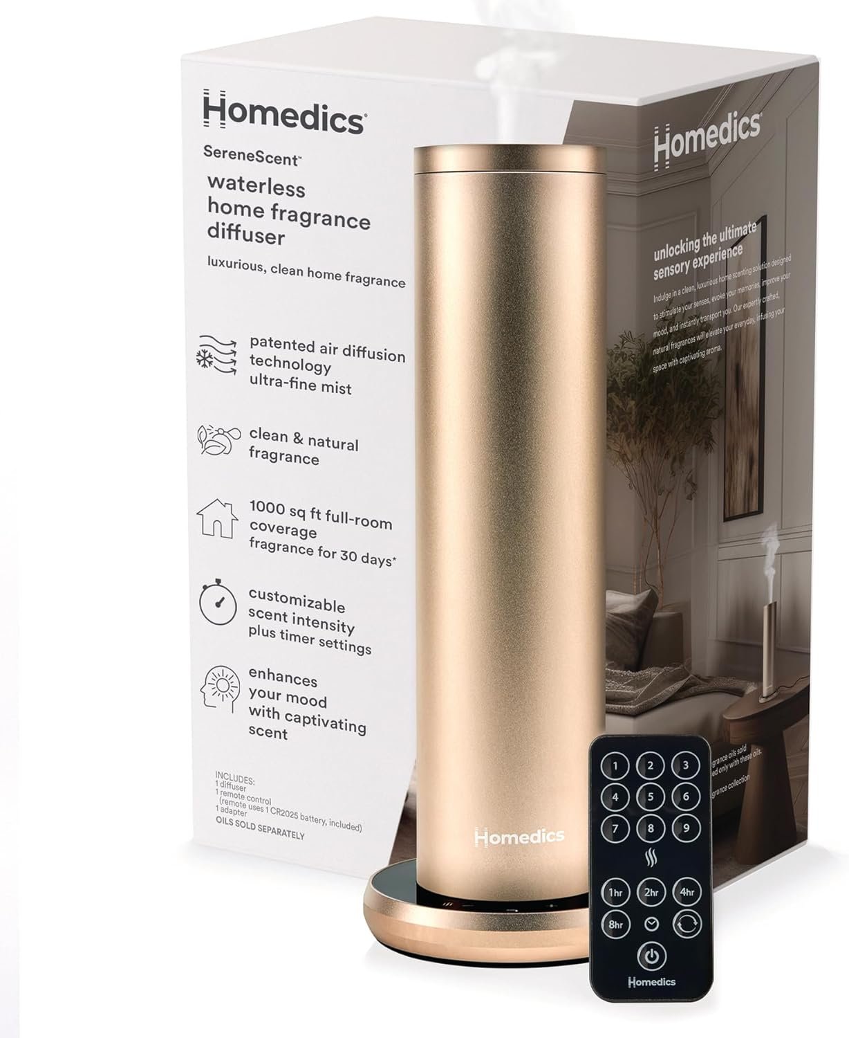 Homedics SereneScent Waterless Essential Oil Diffuser, Home Fragrance Scent Diffuser for Large Rooms, No Water Needed, Patented Air Diffusion Technology, Oil Sold Separately, Champagne