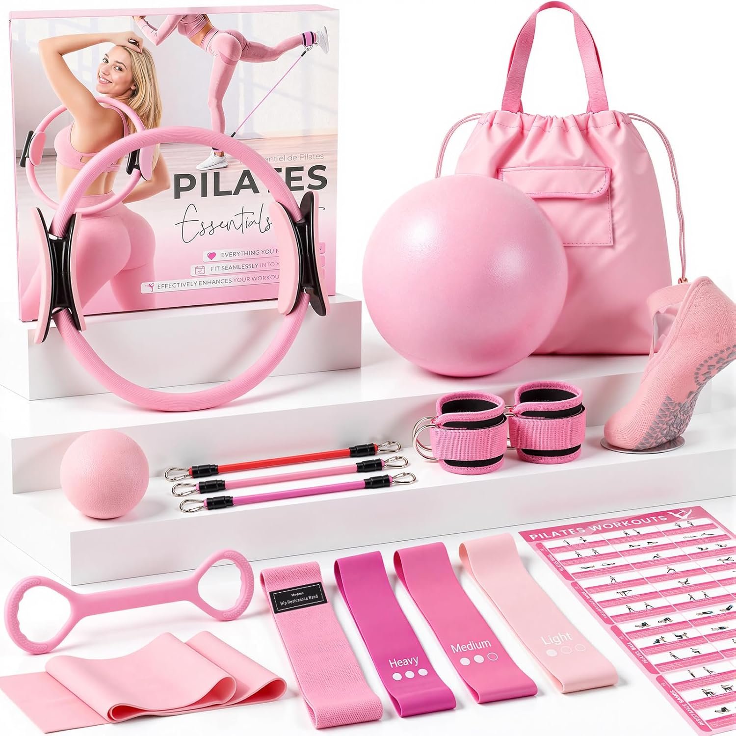 Pilates Kit, Pilates Equipment for Home Workouts, Home Pilates Essentials Kit for Women with Pilates Ring and Ball Set, Socks, Ankle Resistance Bands with Cuffs, Resistance Band and Massage Ball