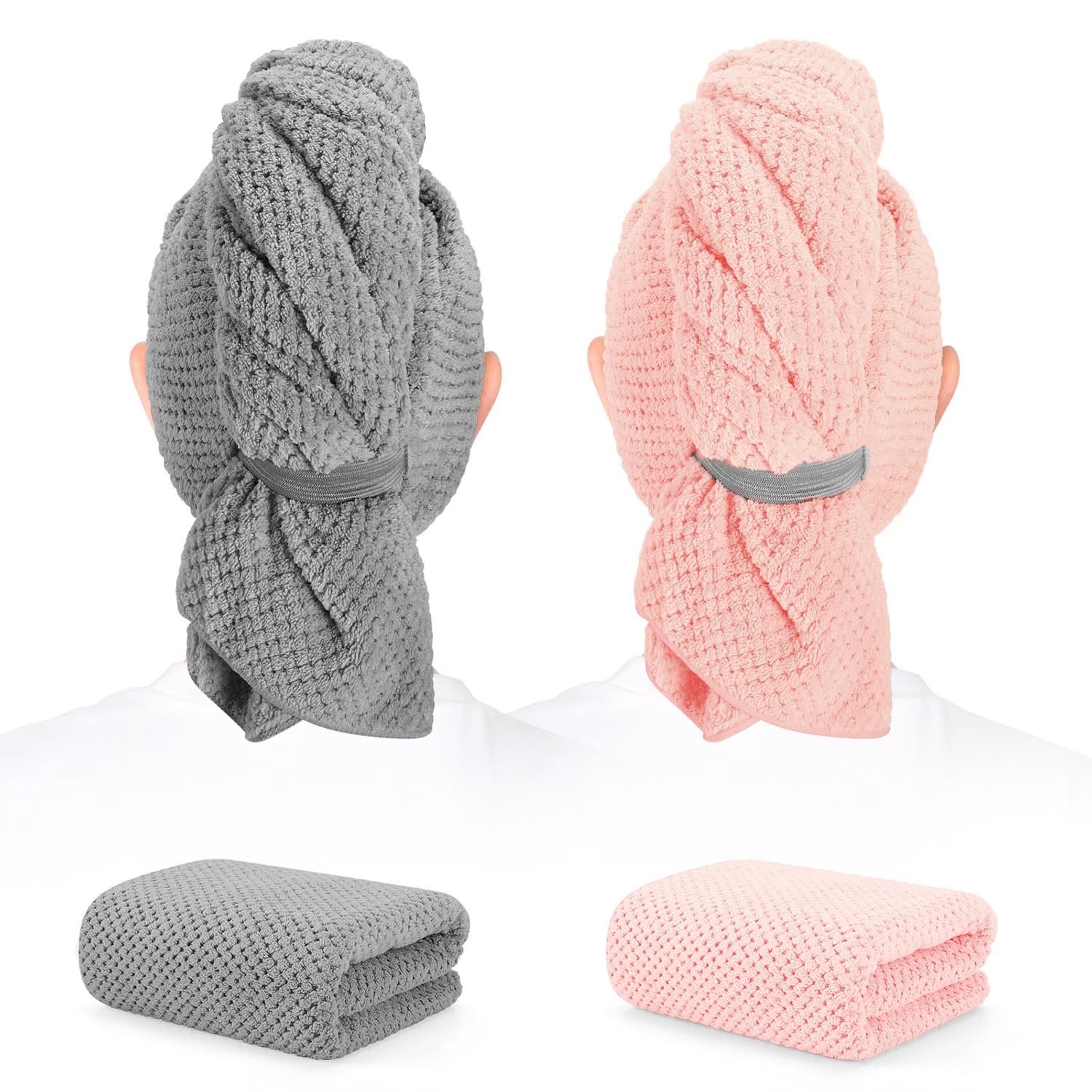 2 Pack Microfiber Hair Towel – 41 x 24 inches Super Soft, Absorbent, Fast Drying Without Frizz Hair Towel Wrap for Women Long, Thick, Curly Hair – Hair Turbans with Elastic Strap