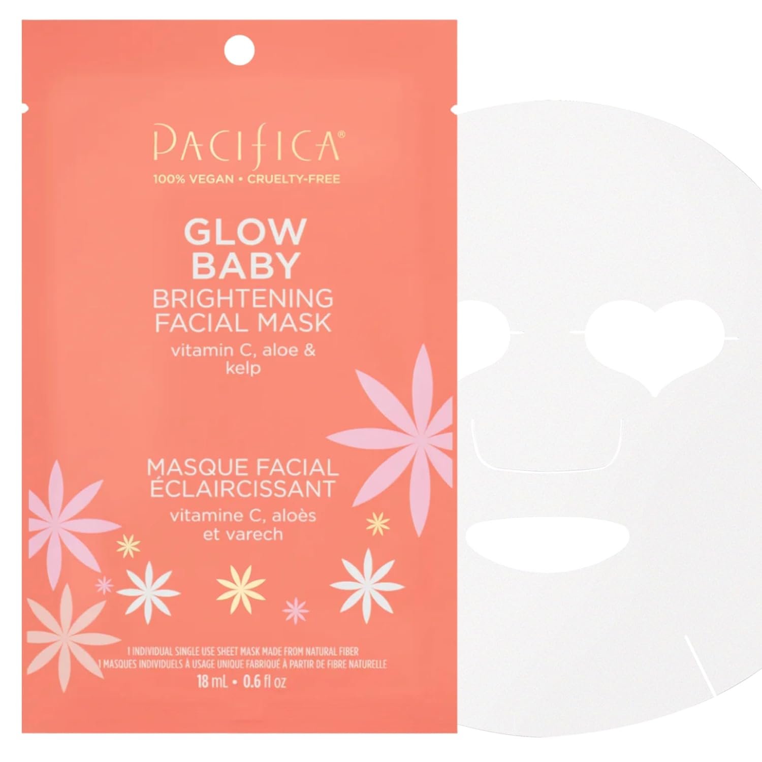 Pacifica Sheet Face Mask – Glow Baby Brightening Facial Mask w/Vitamin C, Aloe & Kelp – Cooling Mask for Dark Spots & Fine Lines – Clean Beauty Vegan & Cruelty-Free Dermatologist Tested