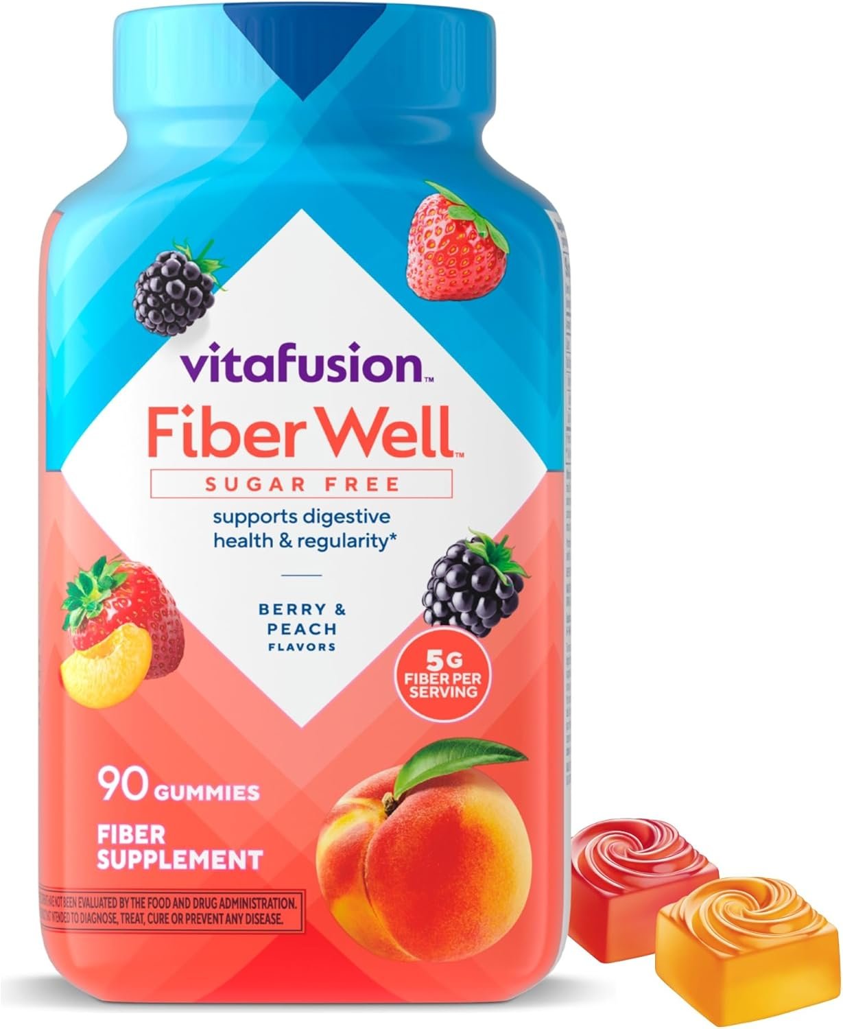 Vitafusion Fiber Well Gummies | 5mg | 90 Count | Sugar Free Adult Gummy | Vitamins For Women & Men | Berry & Peach Flavors | Gluten Free Formula