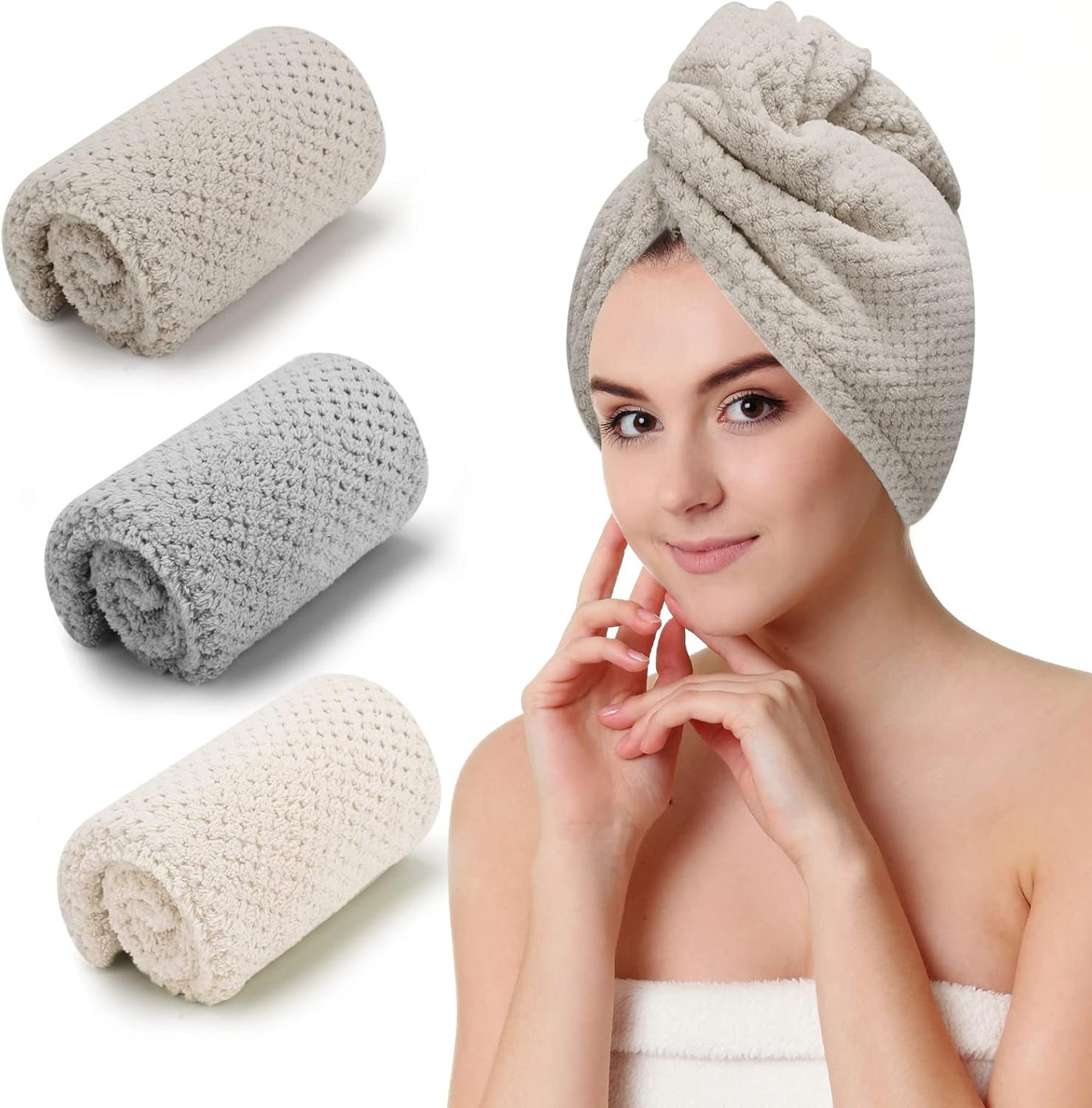 CZZXI 3 PCS Microfiber Hair Towel – Wraps for Wet Hair, Anti Frizz Turbans, for Curly Hair (Beige, Khaki, Grey)