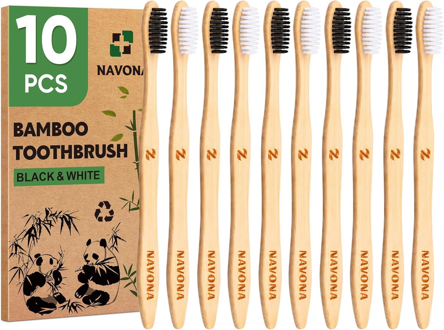 Navona 10 PCS Bamboo Toothbrushes Pack, BPA Free Medium Soft Bristles Toothbrushes for Adults, Eco-Friendly Natural Wooden Toothbrush Bulk, Box of Two Reusable Travel Toothbrush
