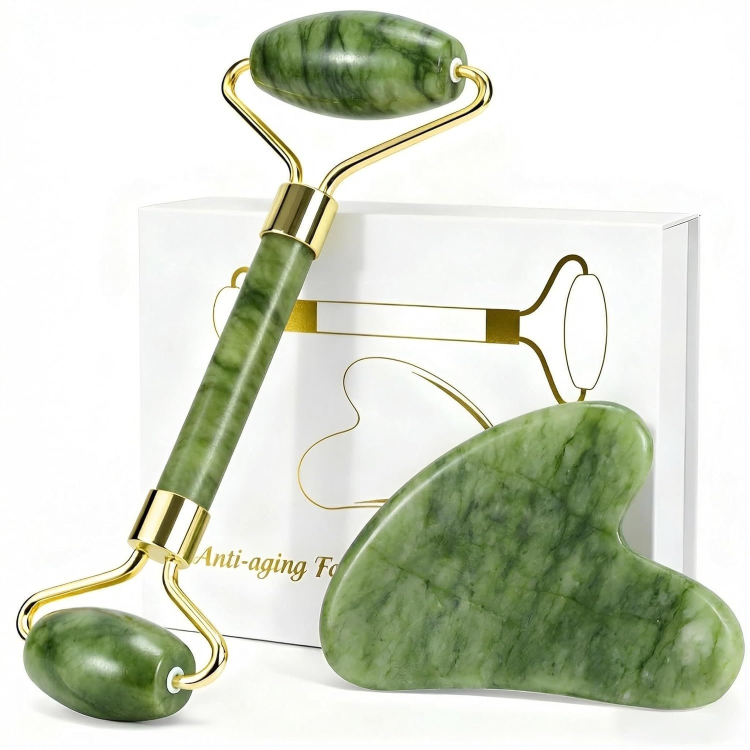 Jade Roller & Gua Sha Set – Natural Jade Face Roller Facial Massage Skincare Tools for Women,Reduce Puffiness and Fine Lines (Forest Green) | natural jade roller,gua sha tool,ice roller to reduce puffiness,dual head massage roller