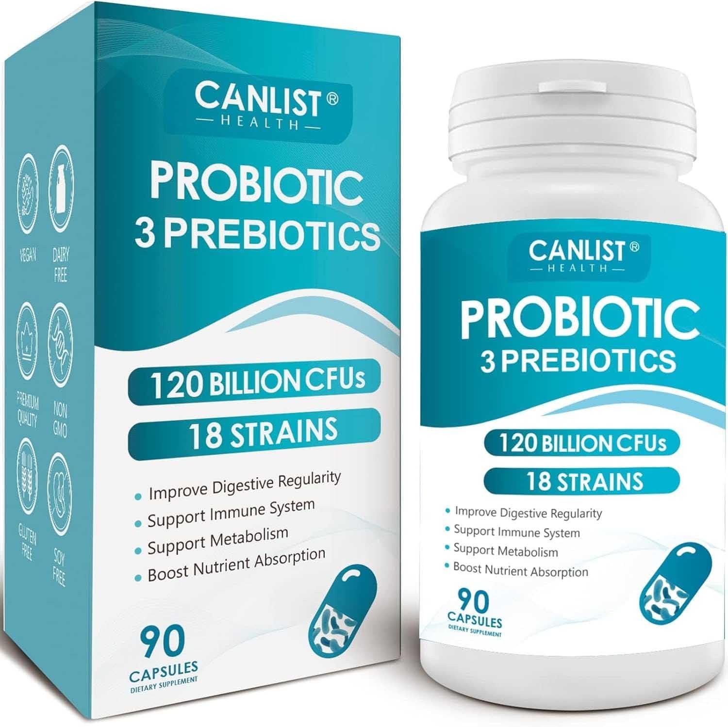 CANLIST Probiotics 120 Billion CFUs 18 Strains, 3 Prebiotics & Digestive Enzymes for Men Women,Digestive & Immune Support,Shelf Stable Non-GMO 90 Capsules
