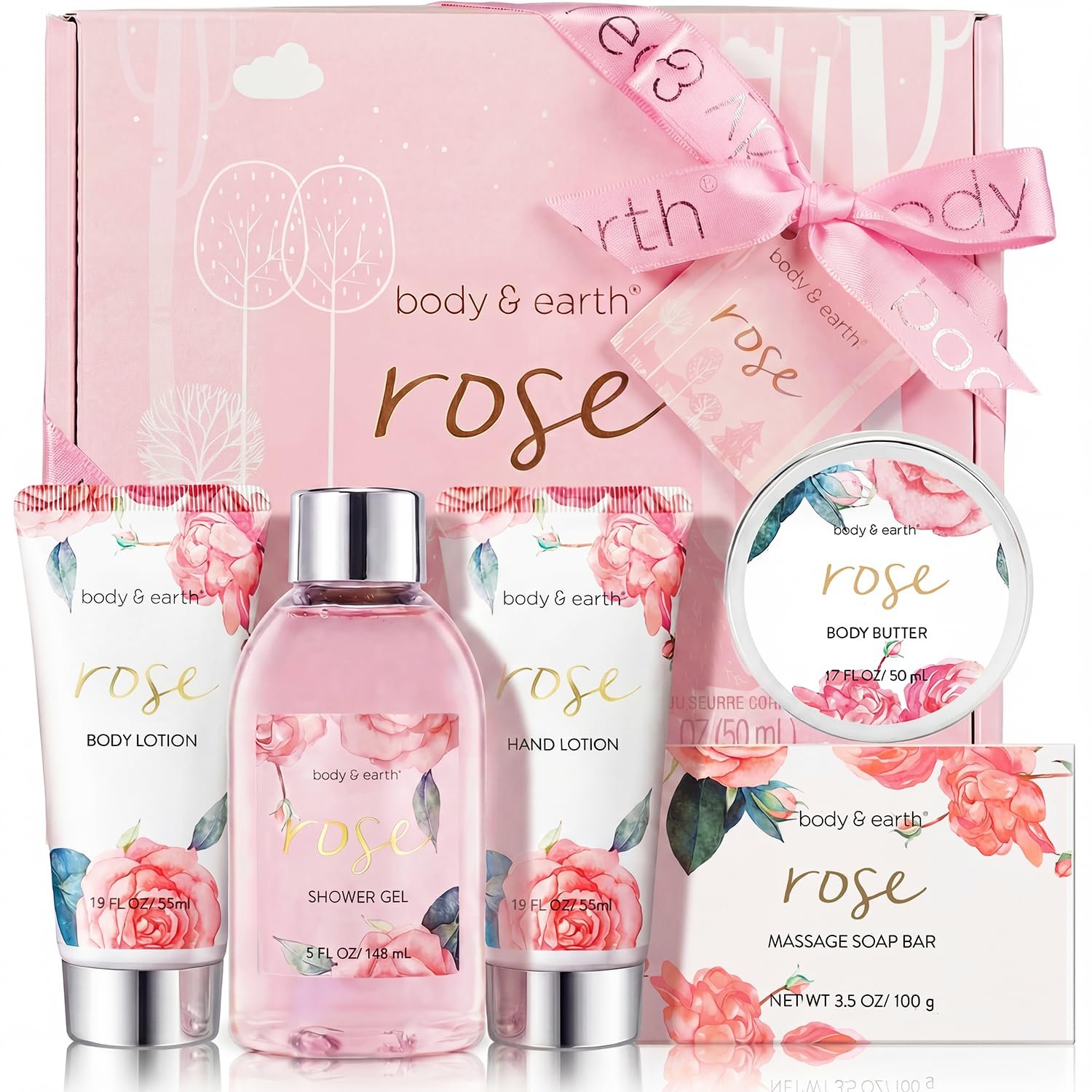 BODY & EARTH Spa Gift Set for Women – Luxurious 5 Pcs Bath and Body Box, Rose Scent, Includes Body Wash, Body Butter, Body Lotion and More, Birthday Mothers Day Gifts for Mom Self Care Kit for Her