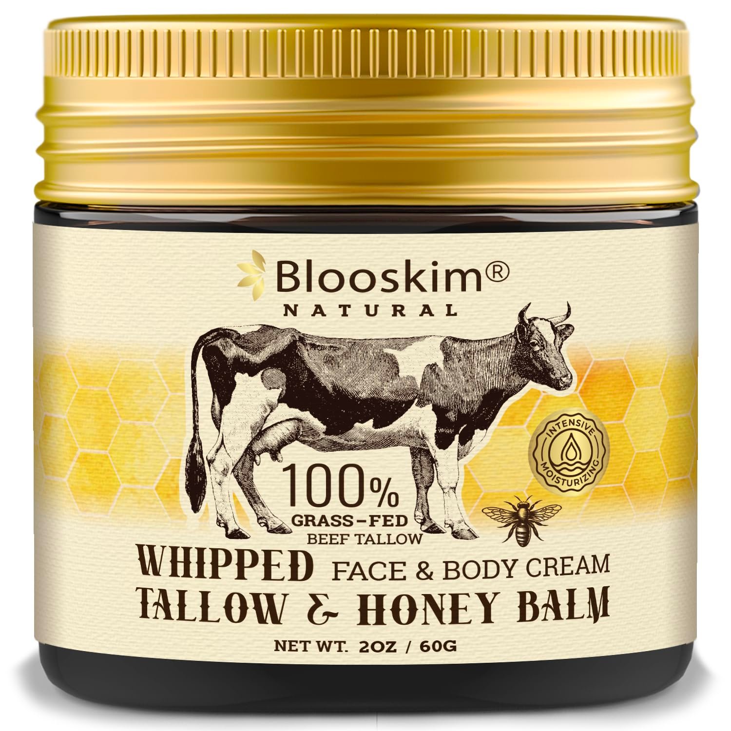 Blooskim Beef Tallow Honey Balm for Skin: 100% Grass Fed Whipped Organic Moisturizer with Organic Raw Honey, Jojoba Oil, Vitamin E – Natural Face and Body Care for Mature, Dry or Sensitive Skin, 2oz