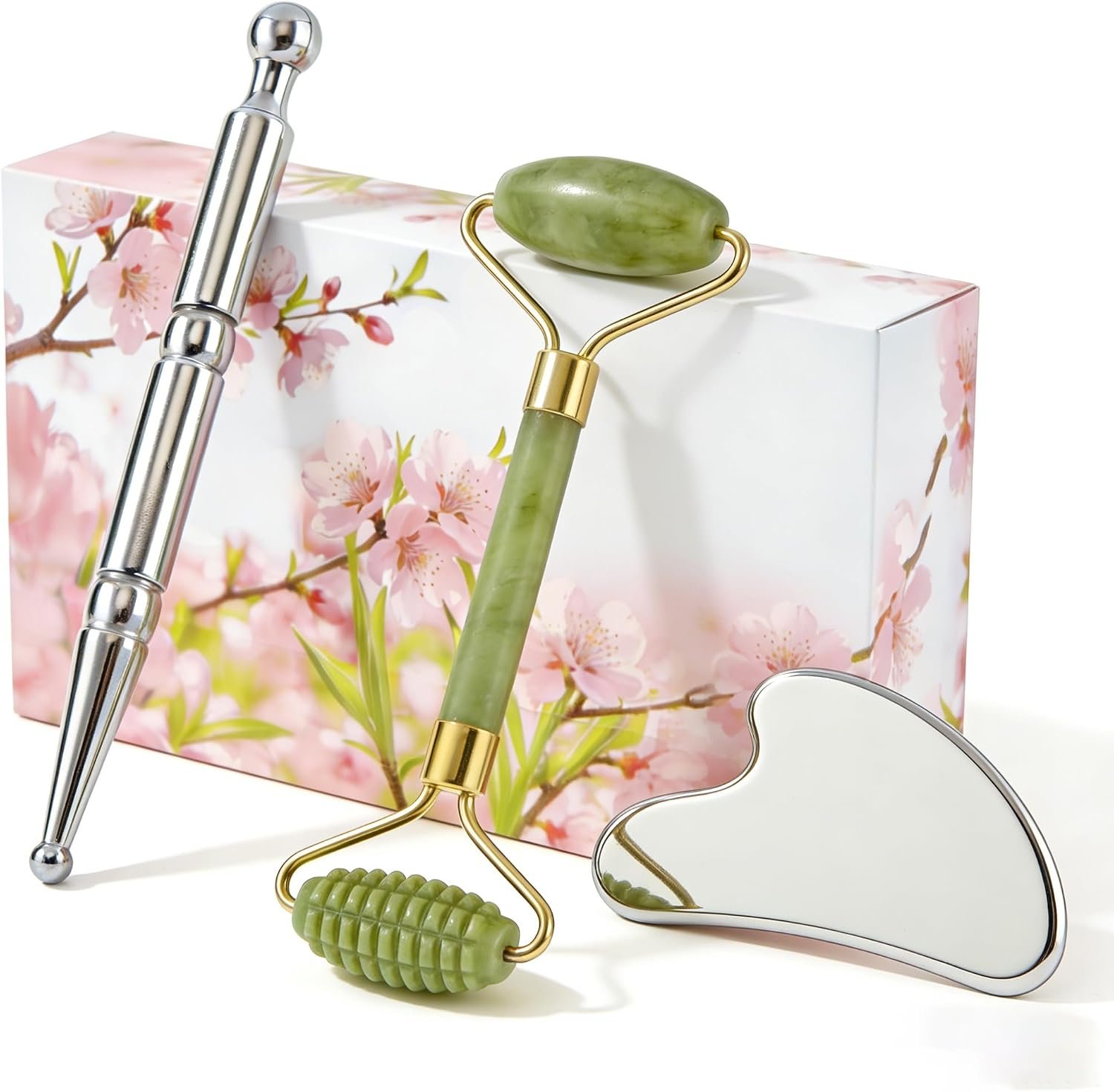 Stainless Steel Gua Sha & Jade Roller Set, Facial Massage Tools for Skin Firming, Facial Sculpting & Daily Self Care