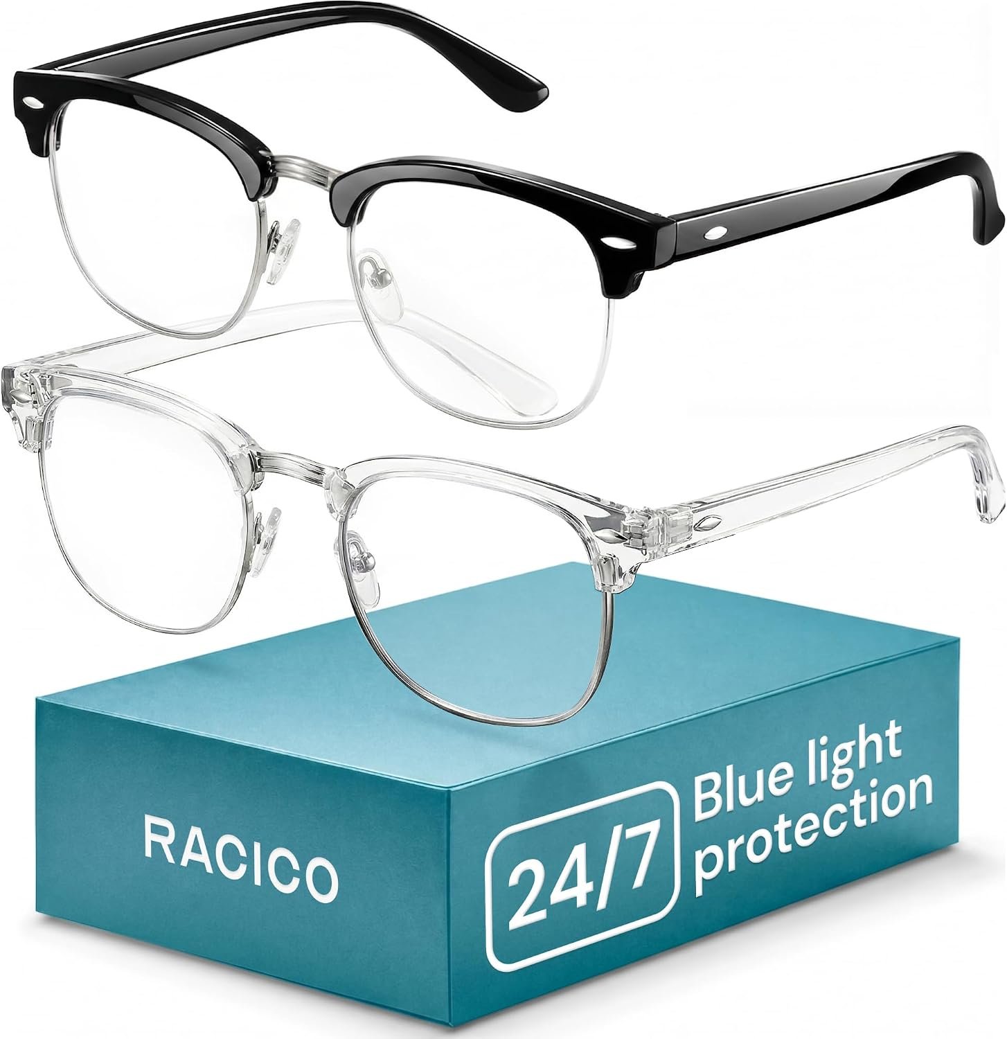 racico Blue Light Glasses for Men Computer – Gaming Blocking Anti Eyestrain UV Clear Lens Vintage Half Frame Fake Eyeglasses