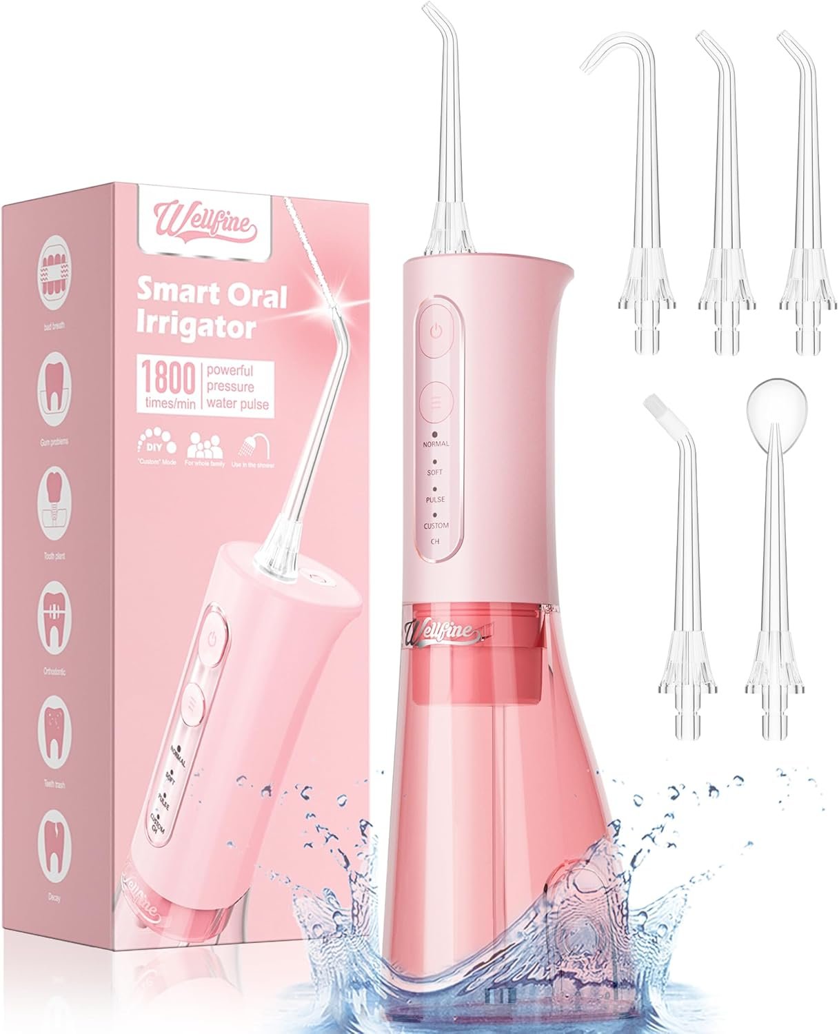 WELLFINE Water Dental Flosser Teeth Pick: Portable Cordless 4 Modes Flossers Pic 300ML Rechargeable Floss Pik Powerful IPX7 Waterproof Oral Irrigator for Cleaning Gum Care Braces for Home Travel