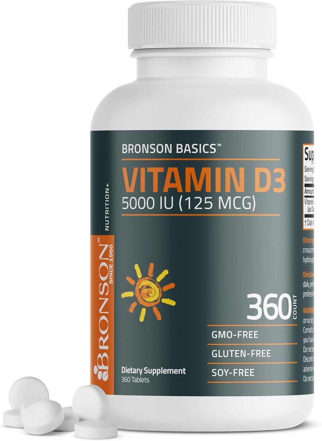 Bronson Vitamin D3 5000iu (125mcg) Healthy Muscle Function and Immune Support, Non-GMO, 360 Tablets
