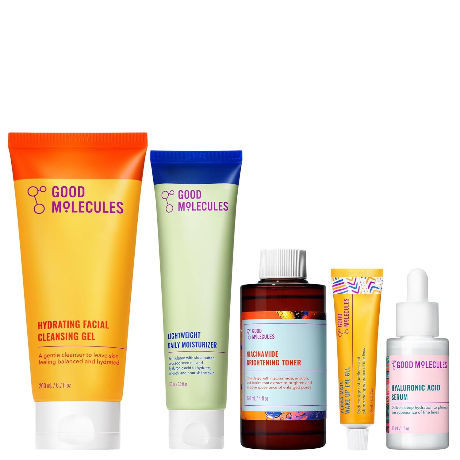 Good Molecules Daily Skincare Routine Set with Hydrating Cleanser, Niacinamide Toner, Hyaluronic Acid Serum, Moisturizer, Eye Gel, 5 Pieces
