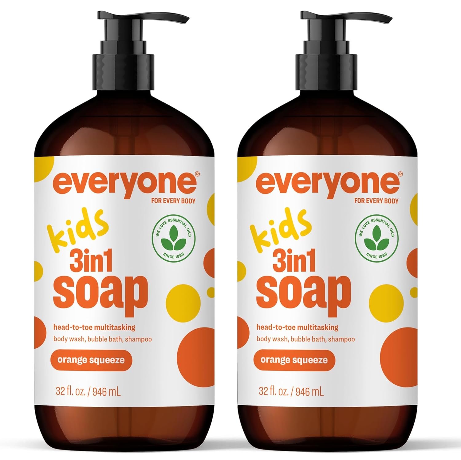 Everyone 3-in-1 Kids Soap, Body Wash, Bubble Bath, Shampoo, 32 Ounce (Pack of 2), Orange Squeeze, made with Essential Oils for Toddlers, tweens and teens