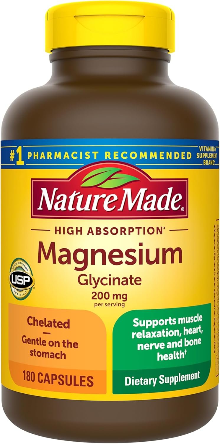 Nature Made Magnesium Glycinate 200 mg per serving, Magnesium Supplement for Muscle, Heart, Nerve and Bone Support, 180 Magnesium Bisglycinate Capsules, 90 Day Supply