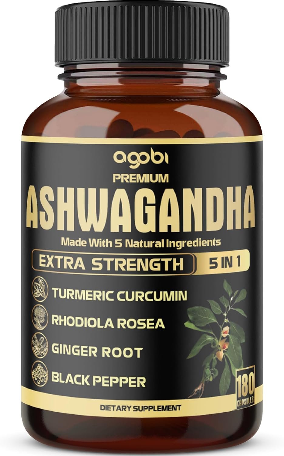 5in1 Premium Ashwagandha Capsules – Added Turmeric, Rhodiola Rosea, Ginger, Black Pepper – 180 Caps for 6 Months