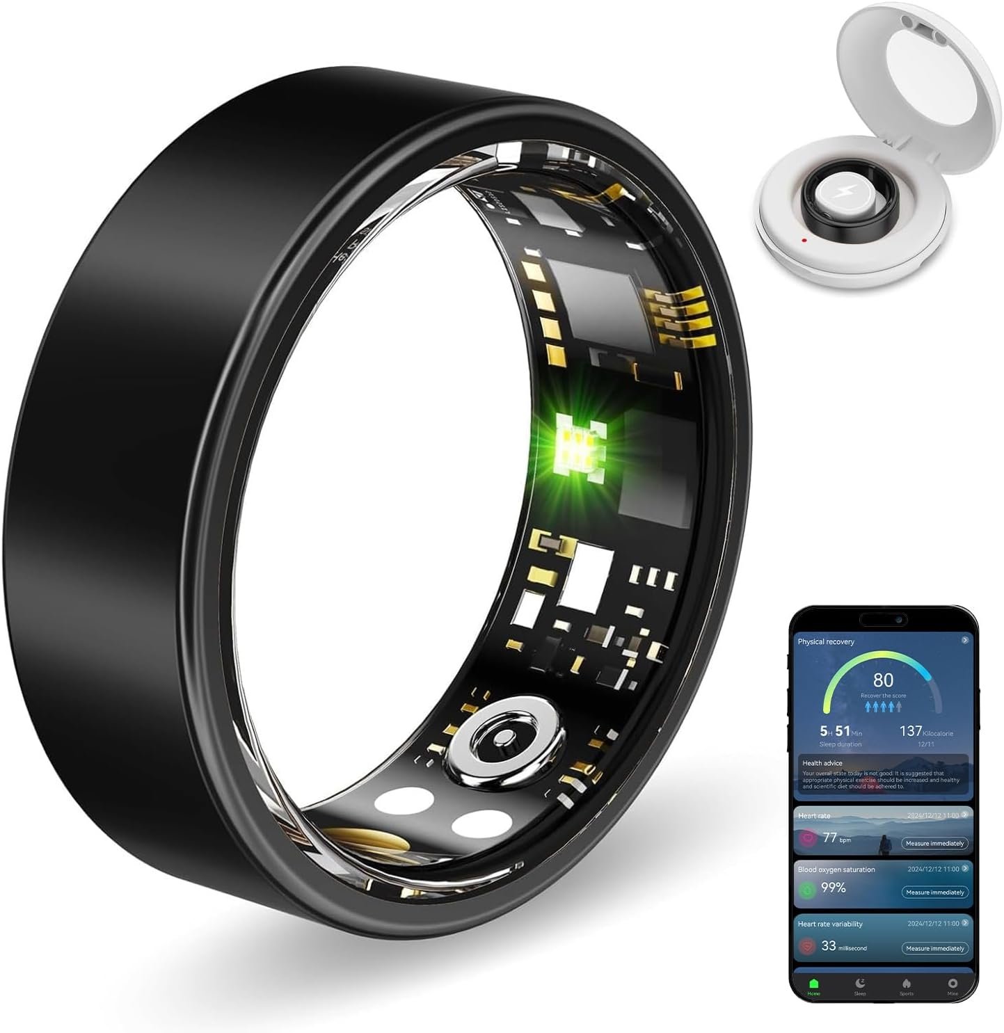 Smart Ring Health Tracker, Sleep&Exercise Monitor Heart Rate,Blood Oxygen,Fitness Trackers for Man&Women -Long Lasting Batteries,Waterproof Sleep Tracking Wearable (Black, 9)
