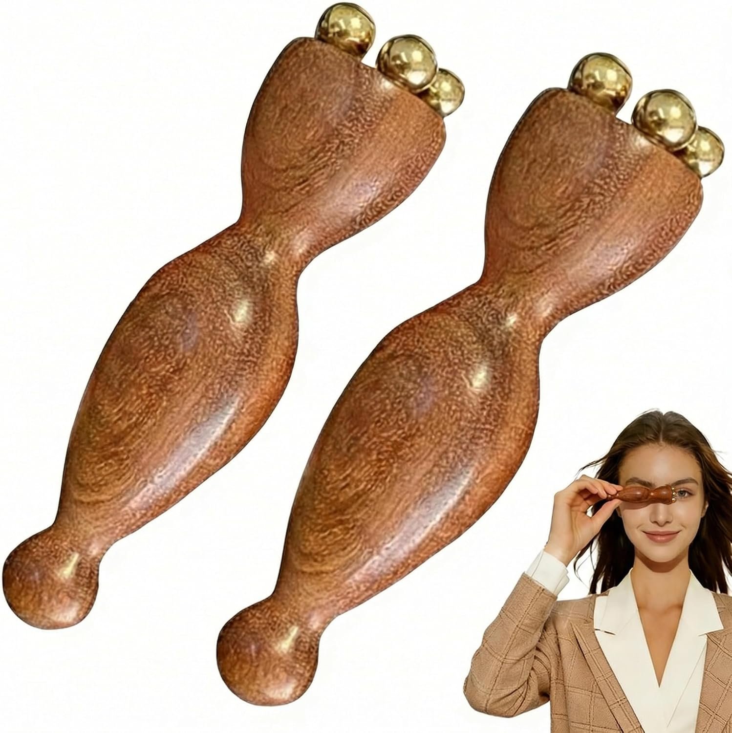 Facial Massage Tool Set 2pcs Sandalwood Eye Massager with 5 Copper Beads Wooden Facial Massage Tools Gua Sha Eye Massager Tool for Face Acupressure Head Massage Wood Therapy Manual Massage Tool