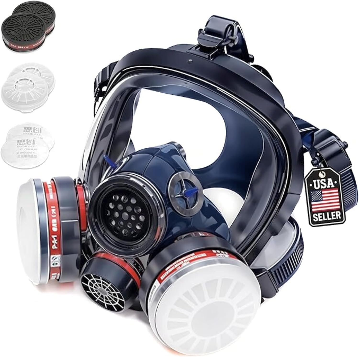 Full Face Organic Vapor Respirator – Protective Eye & Nose Shield with Anti-Fog Heavy Duty Lens & Adjustable – Chemical, & Particulate Respirator. Includes 2 Filter Cartridges – Industrial Grade
