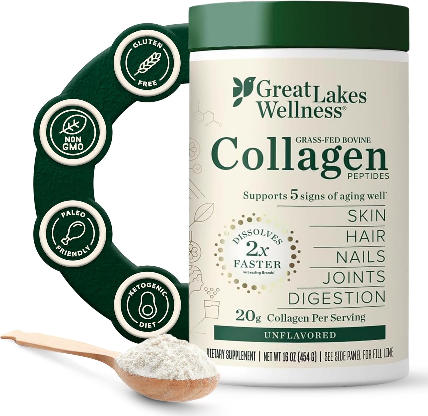 Great Lakes Wellness Collagen Peptides Powder – Supports Skin, Hair, Nails, Joints & Digestion – Hydrolyzed, Non-GMO, Keto & Kosher – Pure Collagen Protein (16 oz, 22 Servings) Packaging may vary