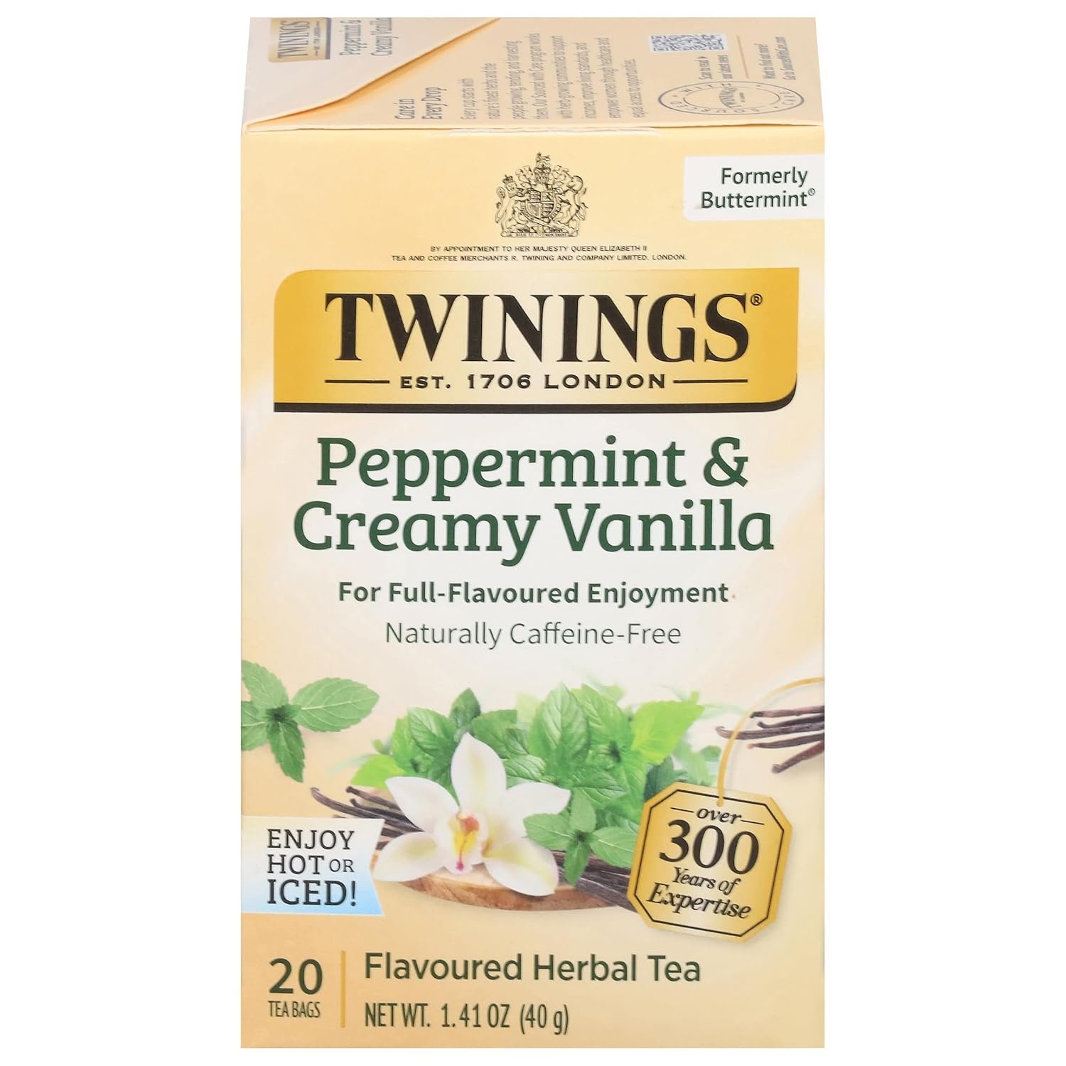 Twinings Peppermint & Creamy Vanilla Herbal Tea Individually Wrapped Bags, 20 Count (Pack of 1), Formerly Buttermint, Naturally Caffeine-Free, Enjoy Hot or Iced, 20 Teabags