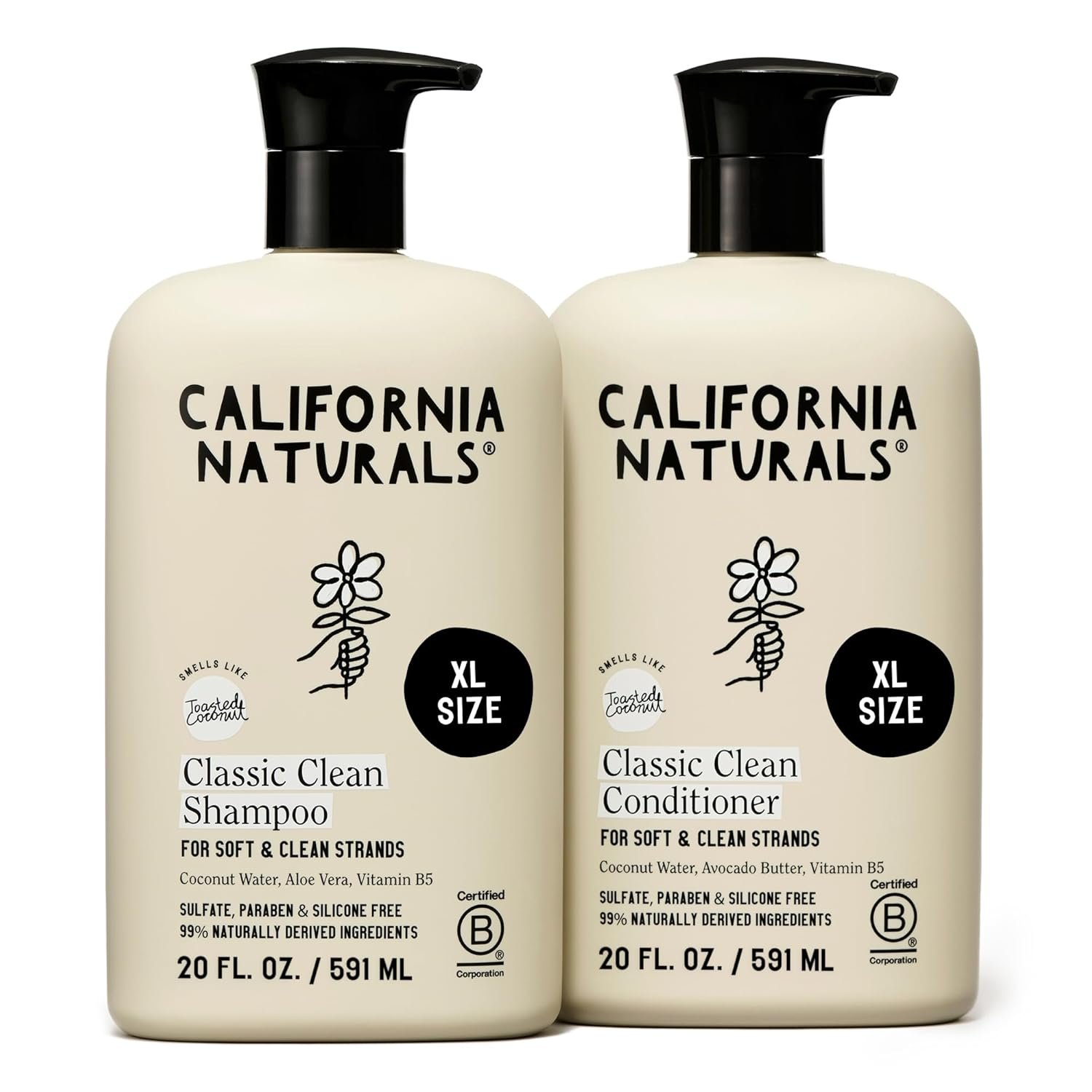 California Naturals Classic Clean Toasted Coconut Shampoo and Conditioner Set, Hair Care for Women & Men, Natural, Vegan, Cruelty, Silicone, Paraben, and Sulfate Free Shampoo, Color Safe, 20 Fl Oz