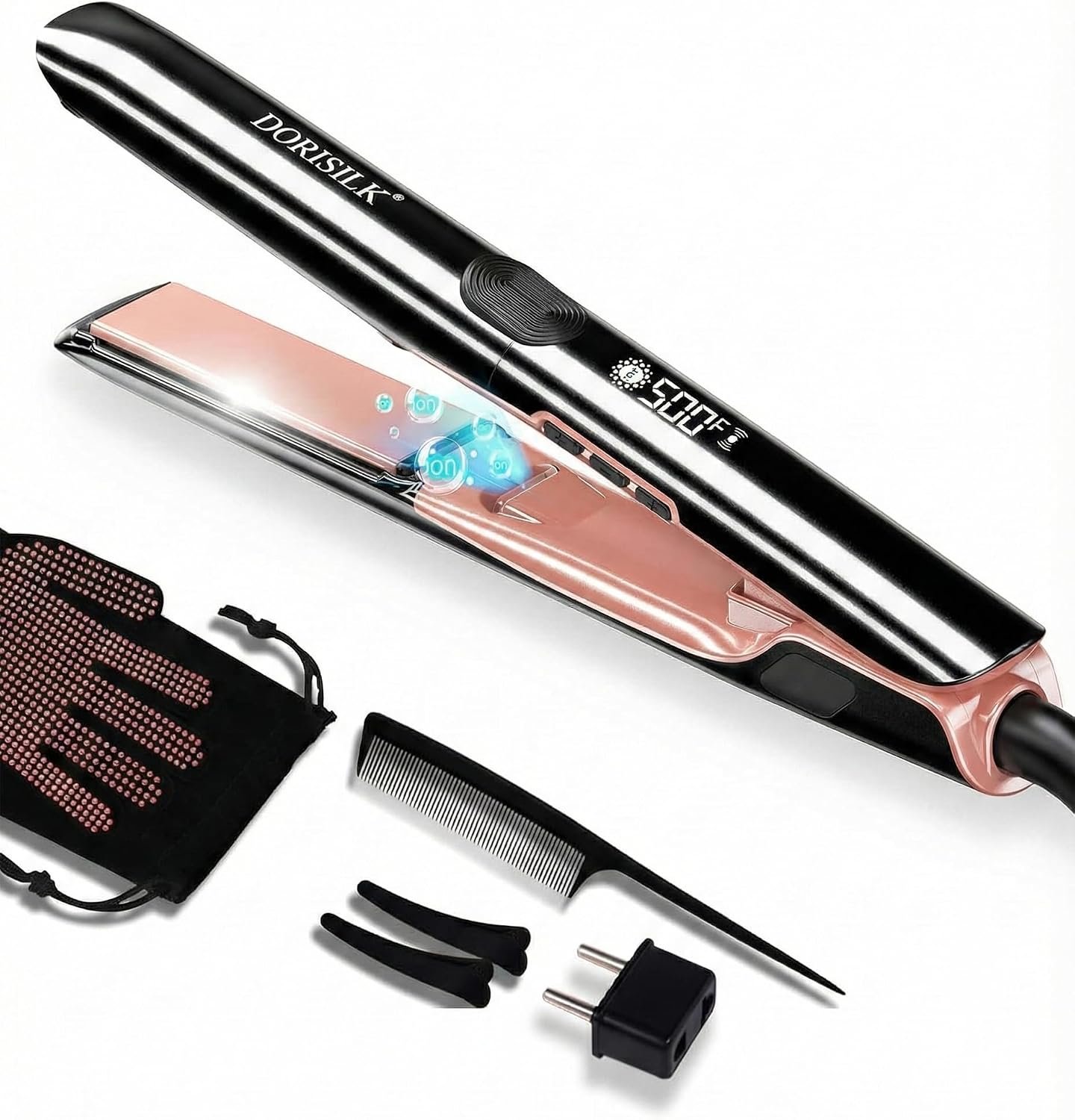 DORISILK 500 Degree High Temp Professional Hair Straightener，30s Fast Heating Ceramic Flat Iron ，2 in 1 Hair Straightener and Curler，Plasma Flat Iron Get Frizz-Free ，Dual Voltage for Travel Using