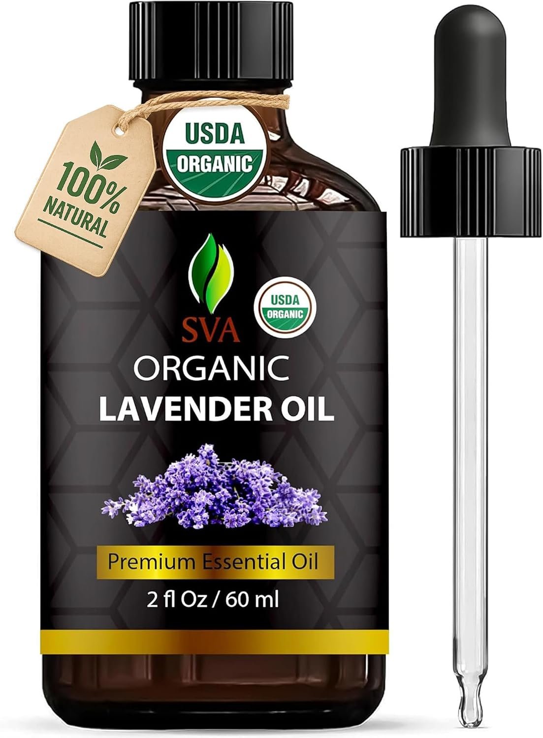 SVA Lavender Essential Oil Organic – 2 Fl Oz – 100% Natural Organic Lavender Oil – for Diffuser, Hair, Face, Skin Care, Aromatherapy, Scalp and Body Massage, Soap and Candle Making – with Dropper