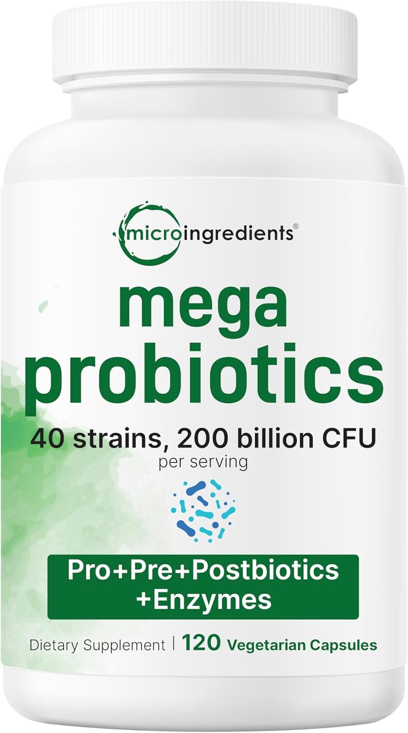 Micro Ingredients Probiotics 200 Billion CFU, 120 Veggie Capsules | Mega Probiotics for Men & Women | 40 Strains with Prebiotics, Postbiotics & Digestive Enzymes | Gut, Immune & Digestive Health