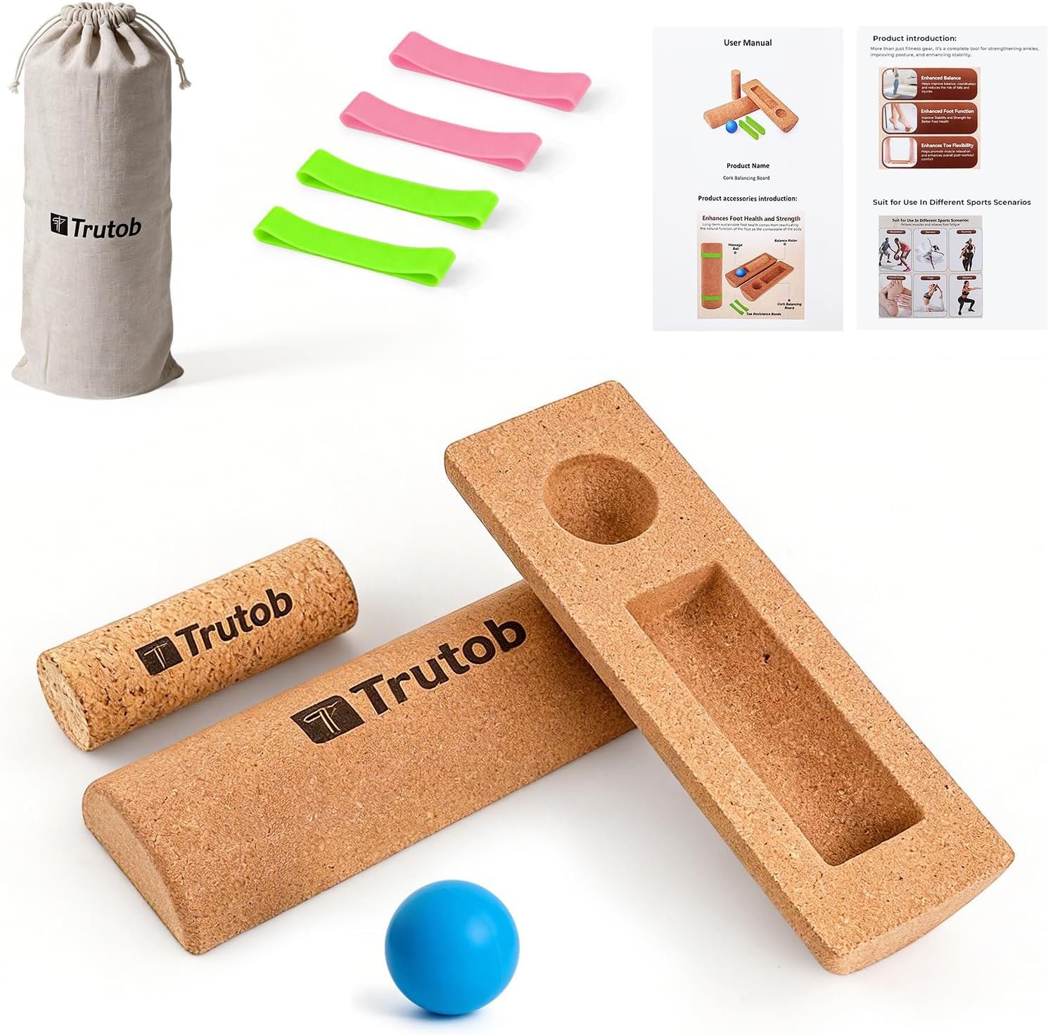 Cork Balance Board, Natural Cork 4-in-1 Foot & Ankle Strengthener Kit, Balance Trainer Set with Massage Ball & Roller, Toe Resistance Bands and Storage Bag, Balance Boards for Adults Athletes Runners