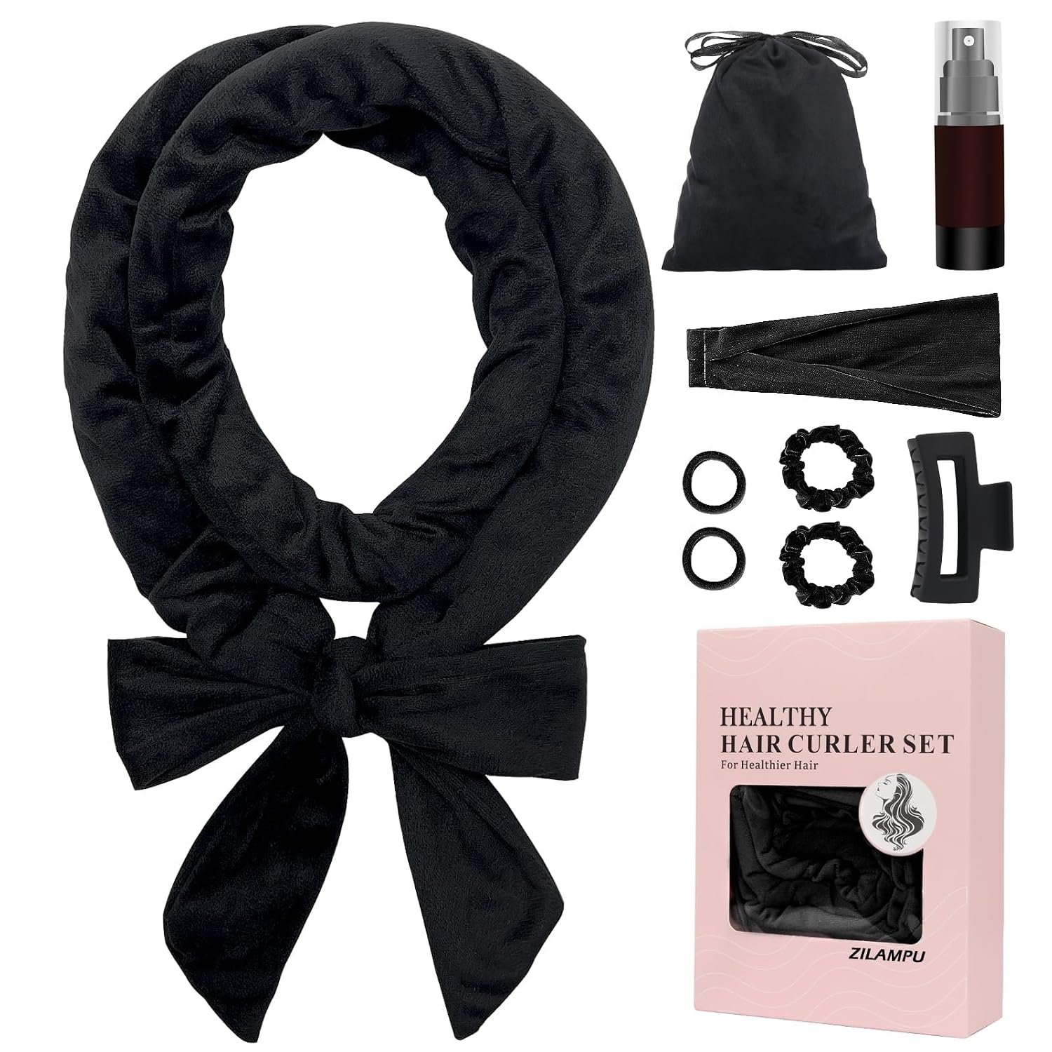 ZILAMPU No Heat Curling Rod Headband, Overnight Velour Hair Curls Roller Wrap for Women with Long Hair – Black