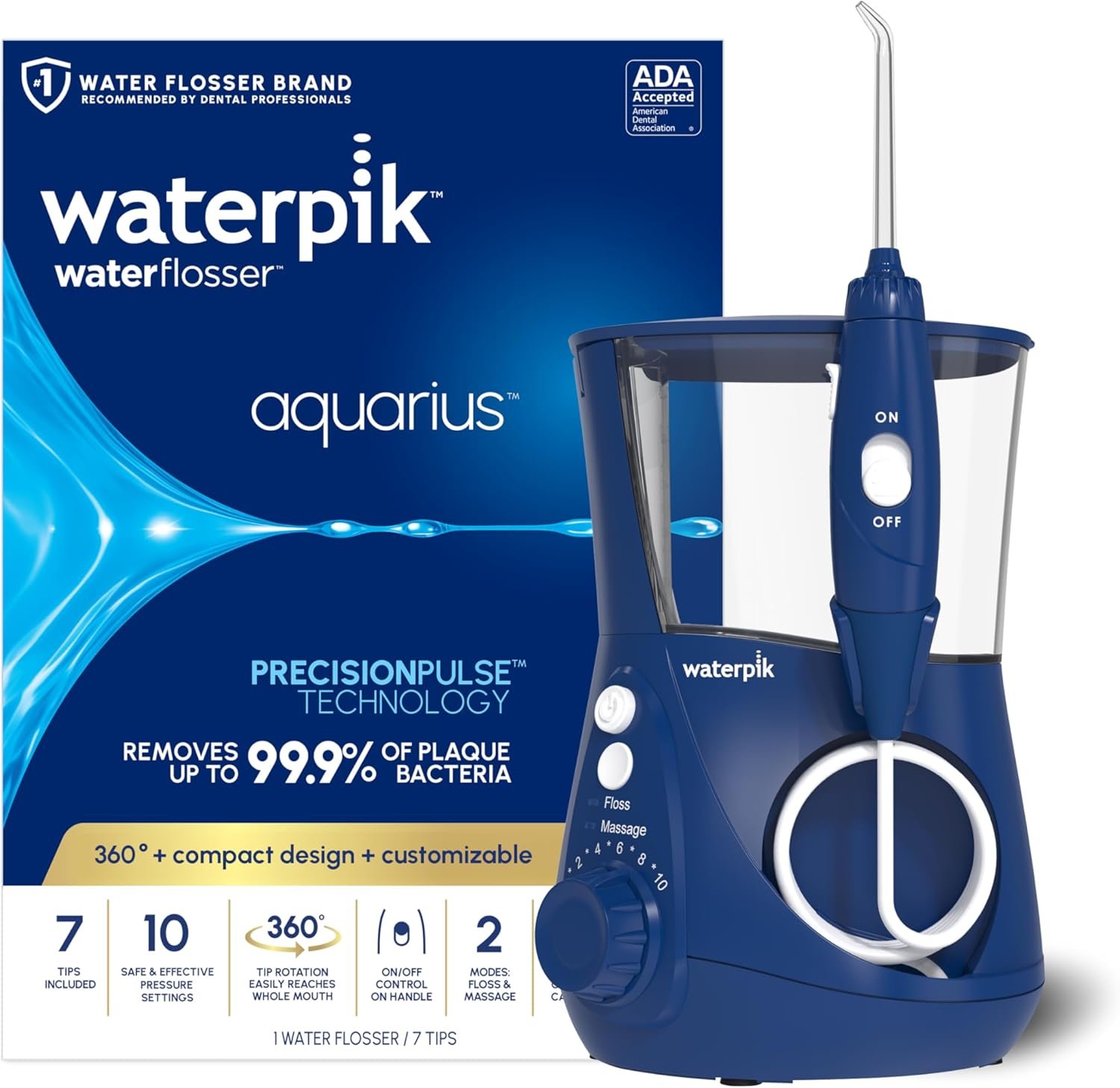 Waterpik Aquarius Water Flosser For Teeth Cleaning, Gums, Braces, Dental Care, Electric Power With 10 Settings, 7 Tips For Multiple Users And Needs, ADA Accepted, Blue WP-663, Packaging May Vary