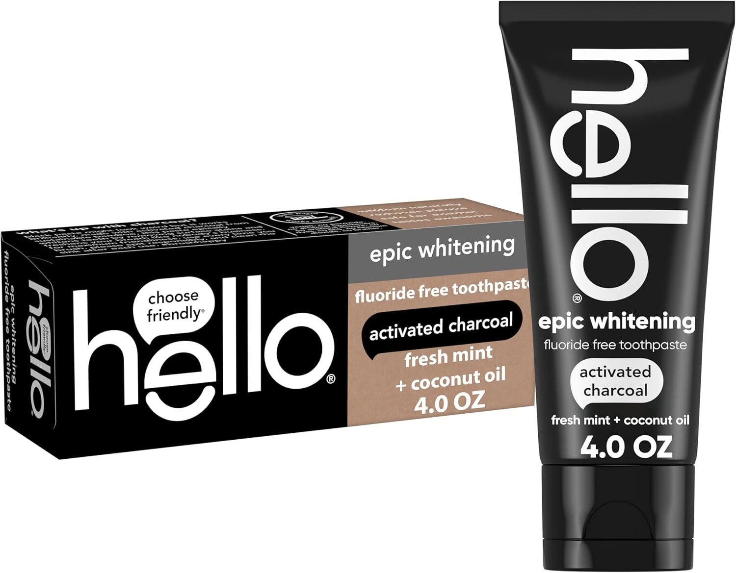 hello Epic Whitening Charcoal Fluoride Free Toothpaste, Activated Charcoal Toothpaste with Coconut Oil, Whitens Teeth Naturally, SLS Free, Fresh Mint, 4.0 Oz Tube