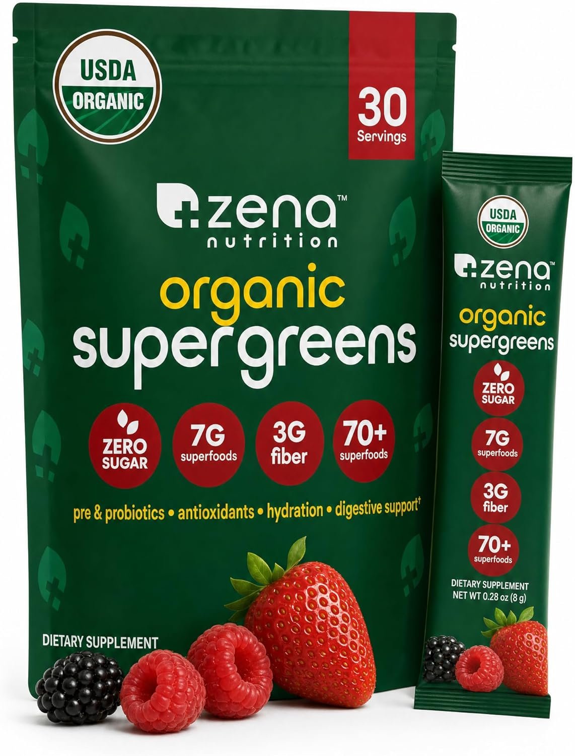 Zena Nutrition Organic Super Greens Powder, 70+ Superfoods, 0 Sugar, 3g Fiber, Spirulina, Chlorella, Mushrooms, Prebiotics/Probiotics, Digestive Enzymes, Gut Health, Mixed Berry, 30 Drink Mix Packets