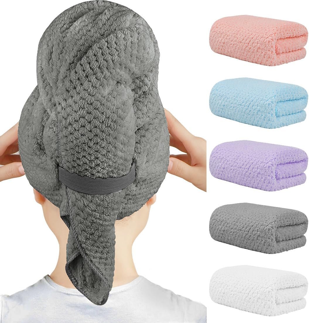HOMEXCEL 5 Pack Microfiber Hair Towels – 40 x 20 inches Super Soft, Fast Drying Turbans for Long, Thick, Curly Hair – Anti Frizz Wrap with Elastic Strap