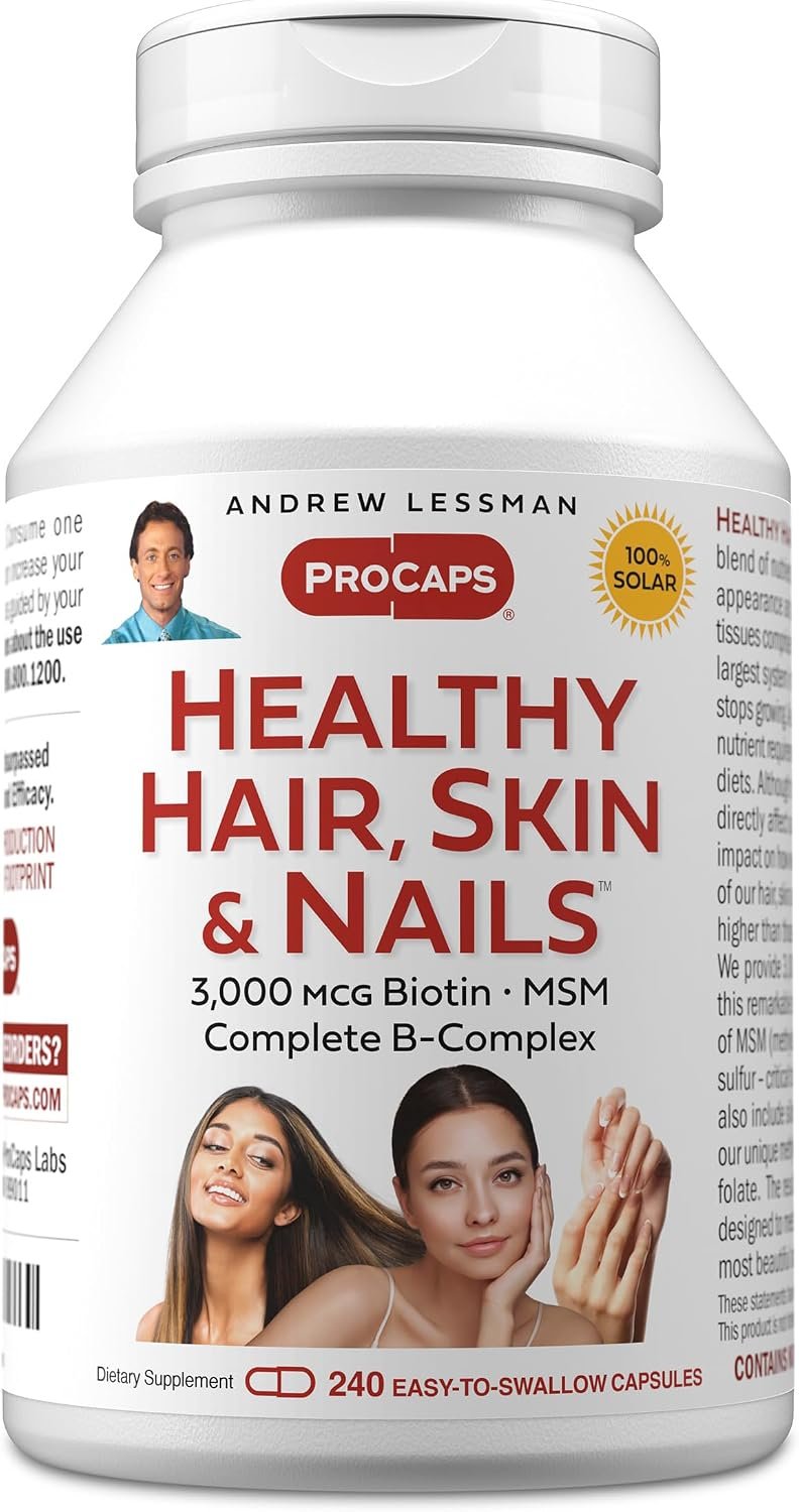 ANDREW LESSMAN Healthy Hair, Skin and Nails 240 Capsules – 3000 mcg High Bioactivity Biotin, B-Complex. Promotes Beautiful Skin, Strong Nails. No Additives Hair Growth Vitamins Biotin Supplement