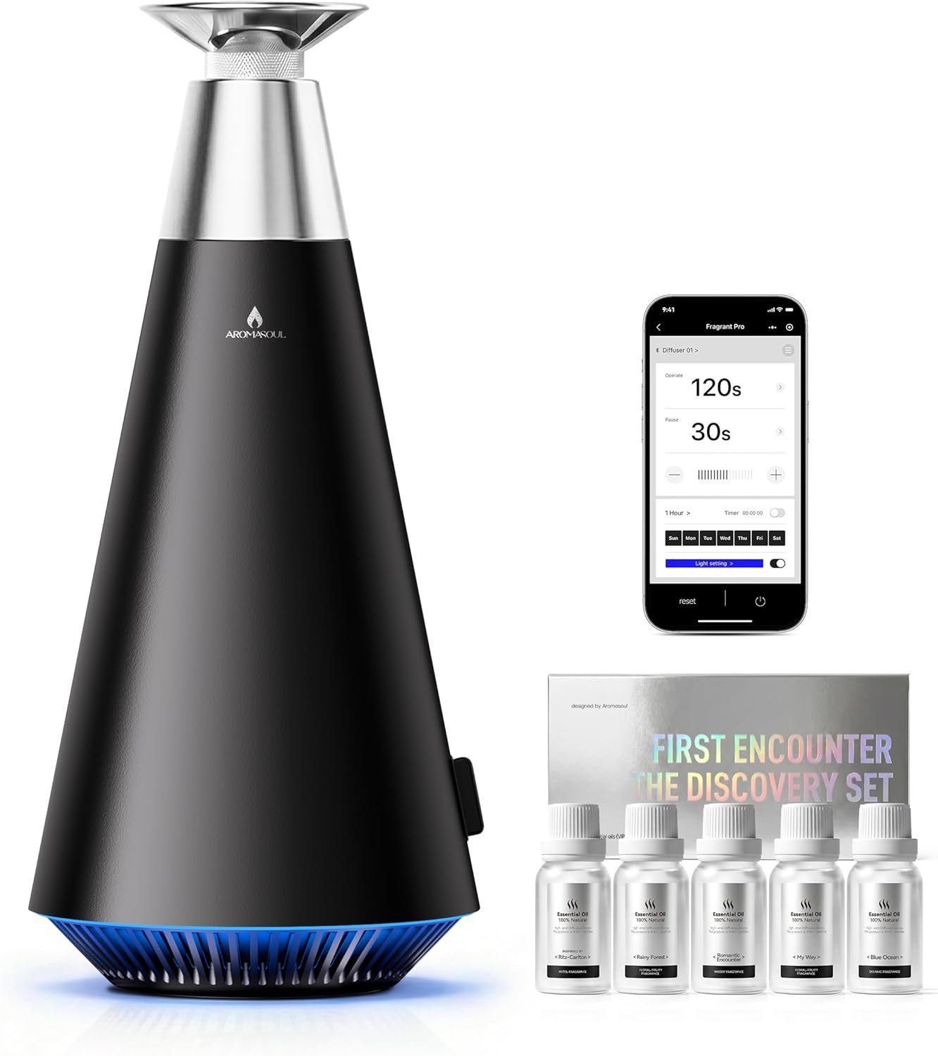 Waterless Scent Diffuser Starter Kit – 1500 Sq Ft Coverage,Alloy Atomization System,Mood Light, Hotel Scent Diffuser, Including 5×15ml Essential Oils, for Home,Large Room,Spa,Black