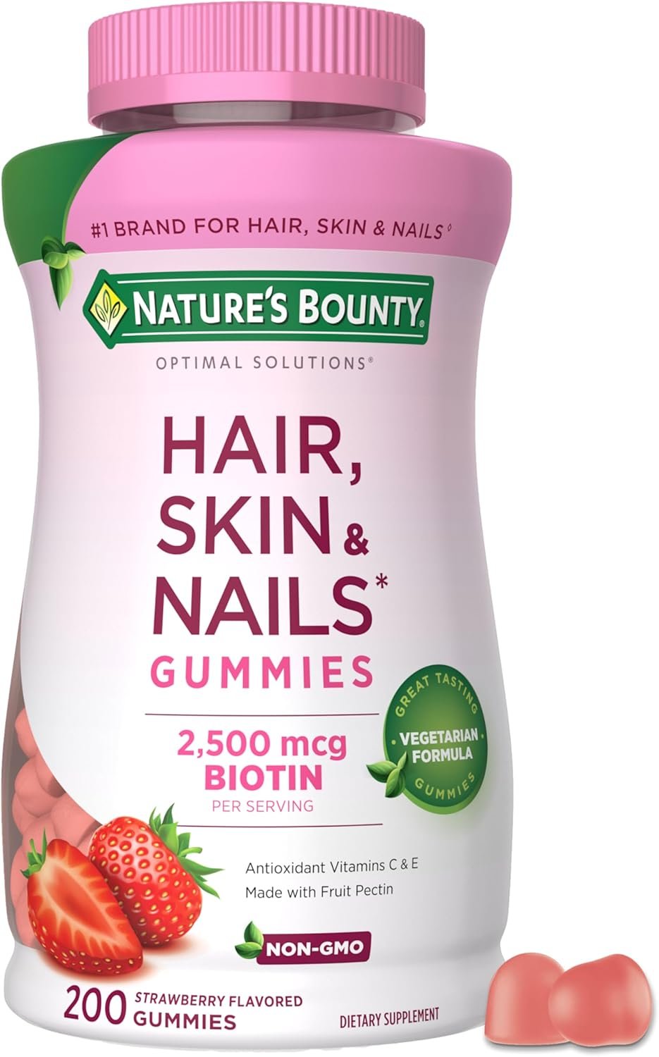 Nature’s Bounty Optimal Solutions Hair, Skin and Nails Pectin Gummies, 2500 mcg Biotin Per Serving, No Stick Gummy, Vegetarian Formula, Strawberry Flavor, 200 count, 100 Total Servings