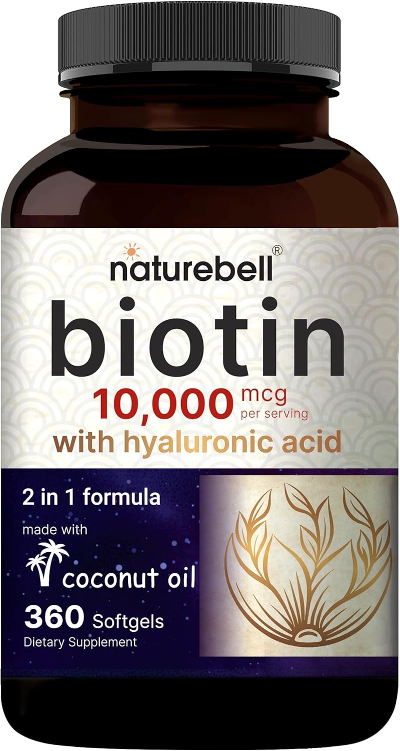 NatureBell Biotin 10000mcg + Hyaluronic Acid 25mg | 360 Coconut Oil Softgels, Premium Biotin Supplement for Hair Skin and Nails