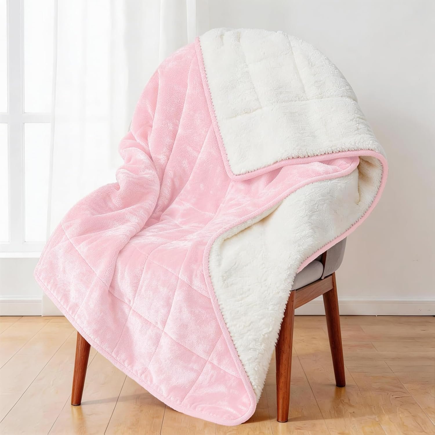 Alomidds Weighted Blanket Queen Size 15lbs 60×80 inches, Sherpa Weighted Blankets for Adults,Fluffy Warm Sherpa & Cozy Soft Flannel Thick Heavy Blanket for All-Season with Glass Beads, Pink