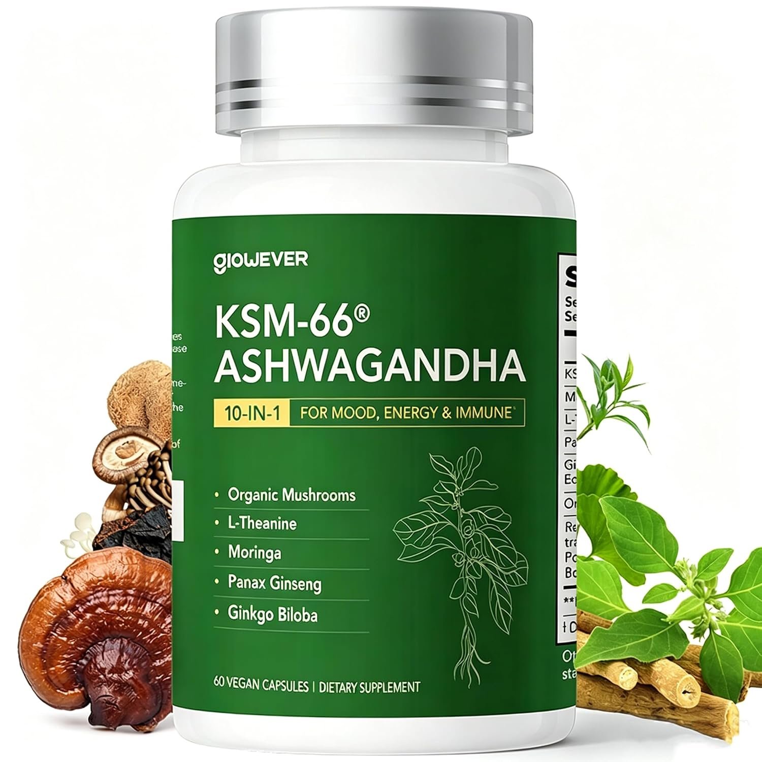 GlowEver KSM-66 Ashwagandha with L-Theanine, Mushrooms, Ginseng & Ginkgo Biloba – Extra Strength Stress Relief, Energy & Brain Health Support – Vegan, Gluten Free, Plant Based – 60 Capsules
