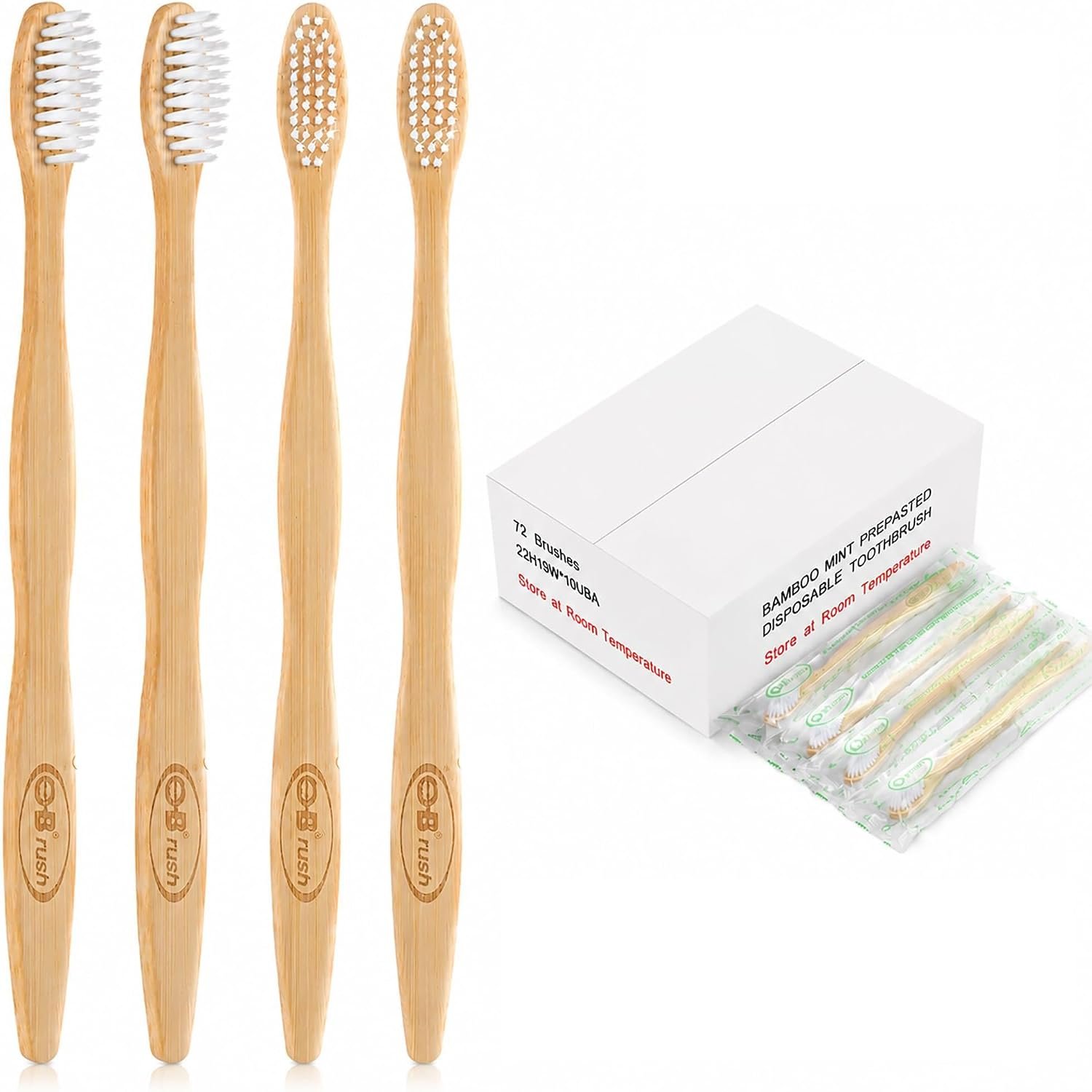 B Rush® 72Pack Bamboo Prepasted Toothbrush, Individually Wrapped Mini Travel Toothbrush with Pre-Pasted Mint Gel, Biodegradable Eco-Friendly Disposable Toothbrushes Travel Set for Adults & Kids