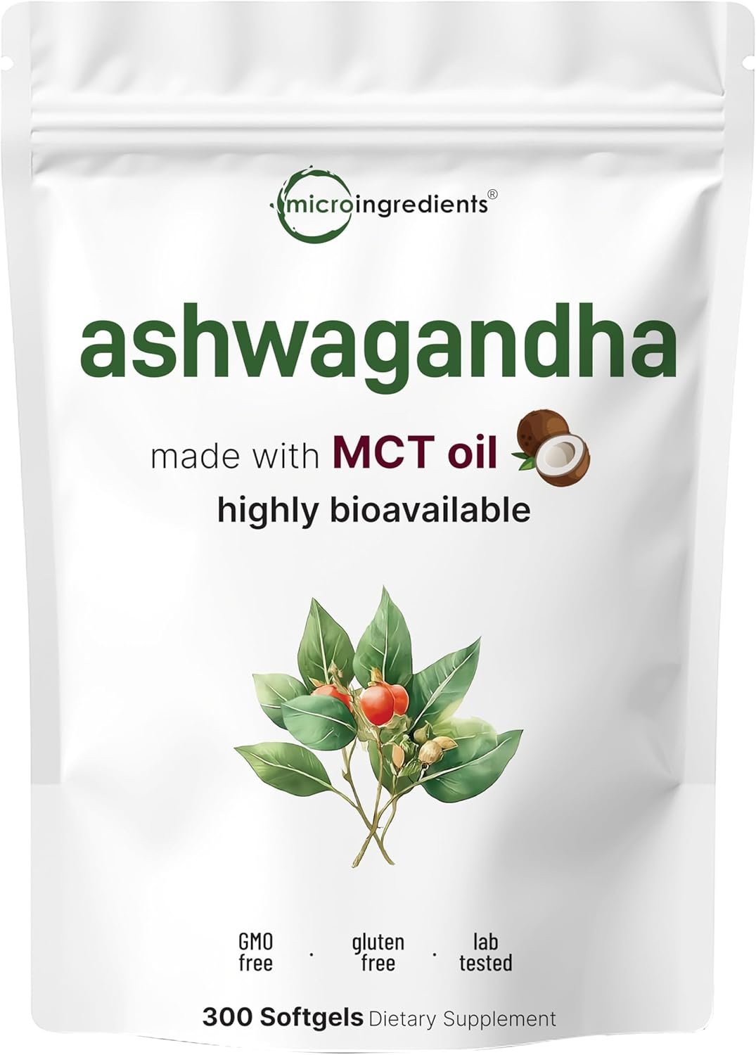 Micro Ingredients Ashwagandha Supplement with Black Pepper | 300 Coconut MCT Oil Softgels | High Potency Root Extract | Better Absorption | Non-GMO