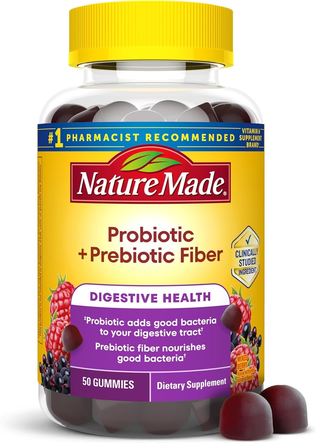 Nature Made Probiotic + Prebiotic Fiber Gummies for Daily Gut Health, Fiber Supplement, 50 Gummies