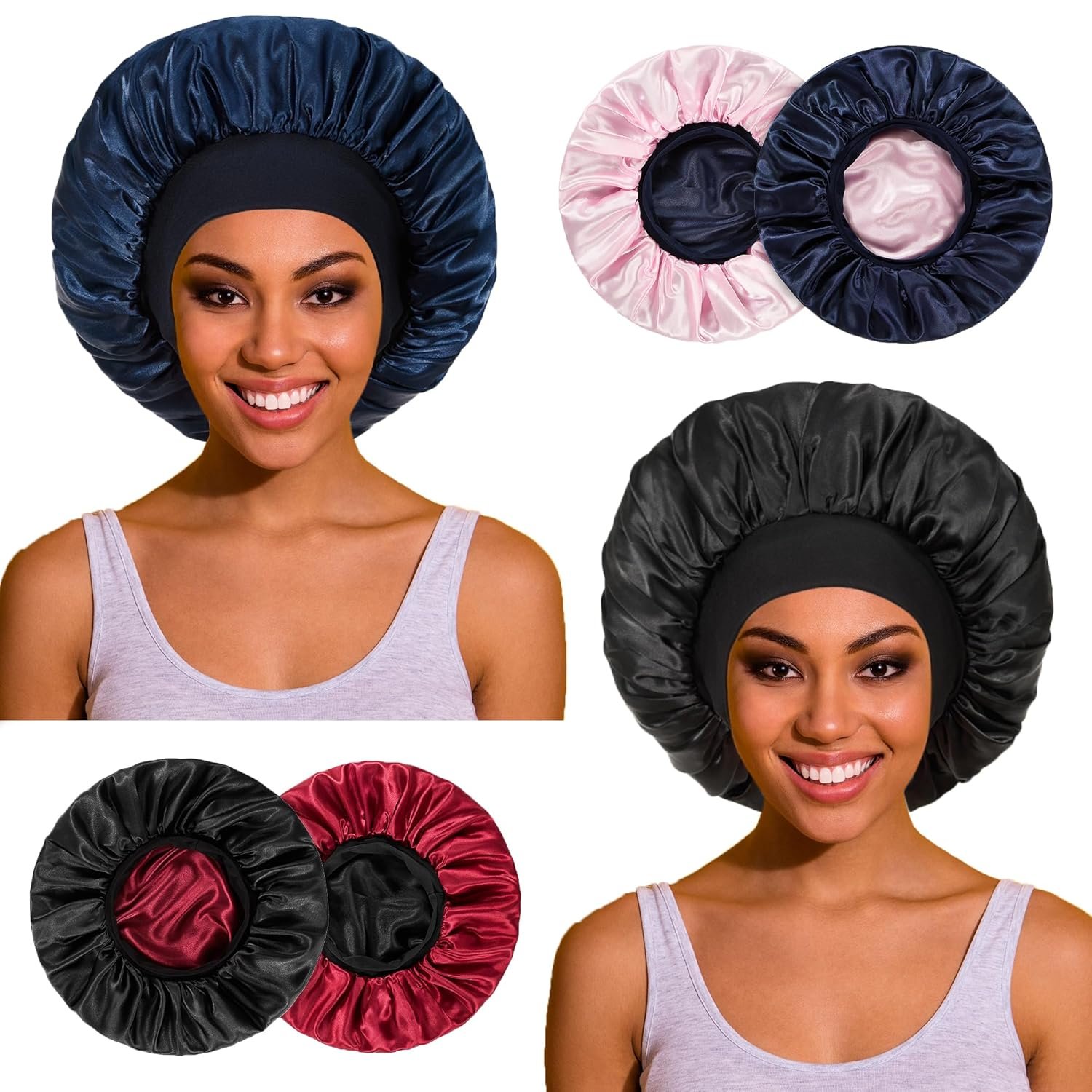 2pcs Double Layer Two-Color Satin Silk Hair Bonnet for Sleeping Women, Reversible Sleep Bonnets for Women, Wide Band Sleep Cap for Curly Hair Braids